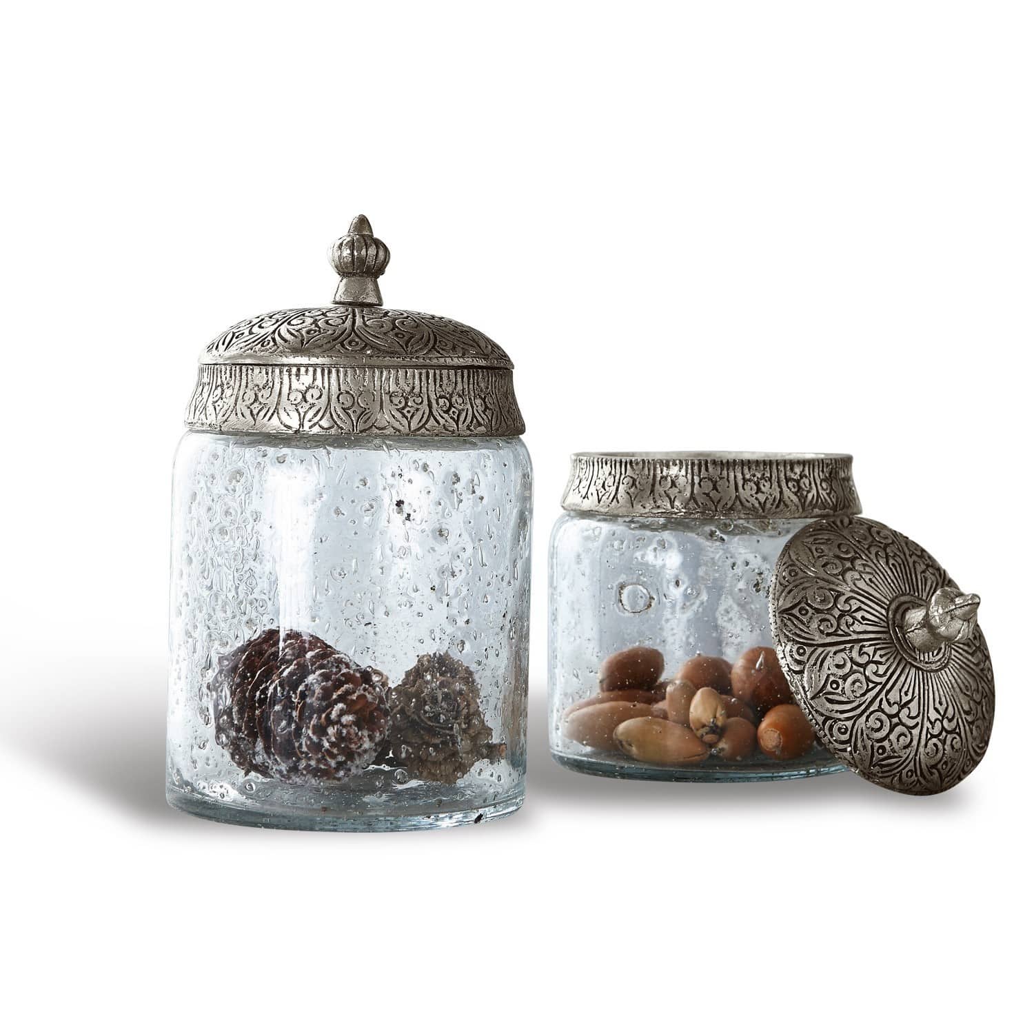 Glasdose 2er Set Laurnena Gläser mit verzierten silberfarbenen Metalldeckeln, gefüllt mit natürlichen Dekorationen