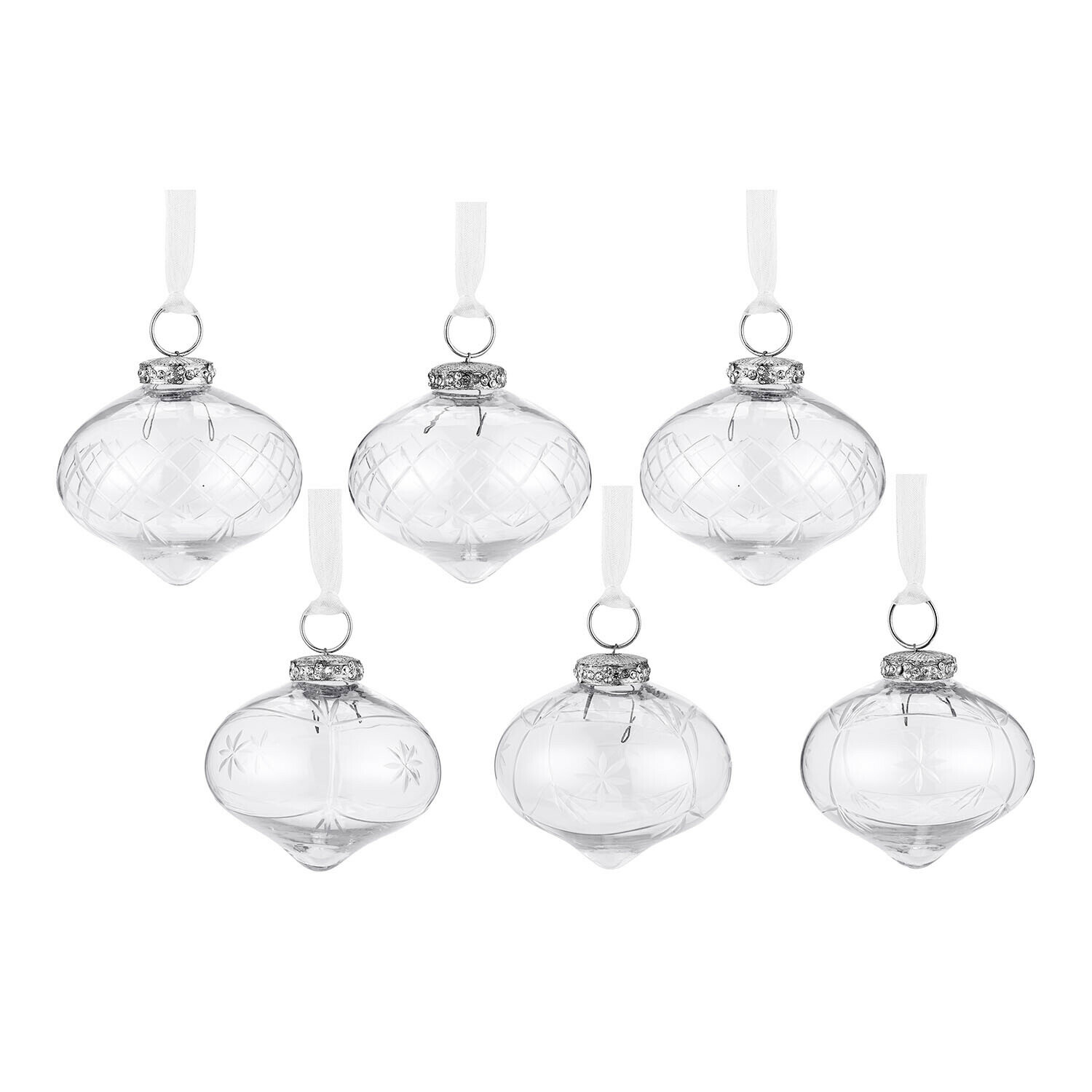 Weihnachtsschmuck 6er Set Cheshire Set aus sechs transparenten Glas-Weihnachtskugeln mit weißen Bändern und feinem Muster