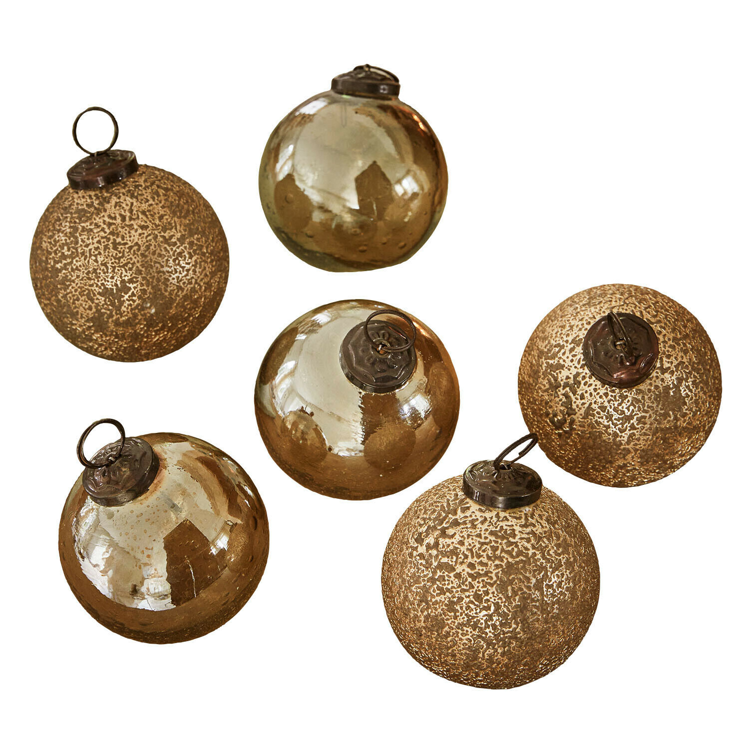 Weihnachtskugel 6er Set Fioravino Set aus sechs goldfarbenen Weihnachtskugeln aus Glas mit verschiedenen Oberflächenstrukturen
