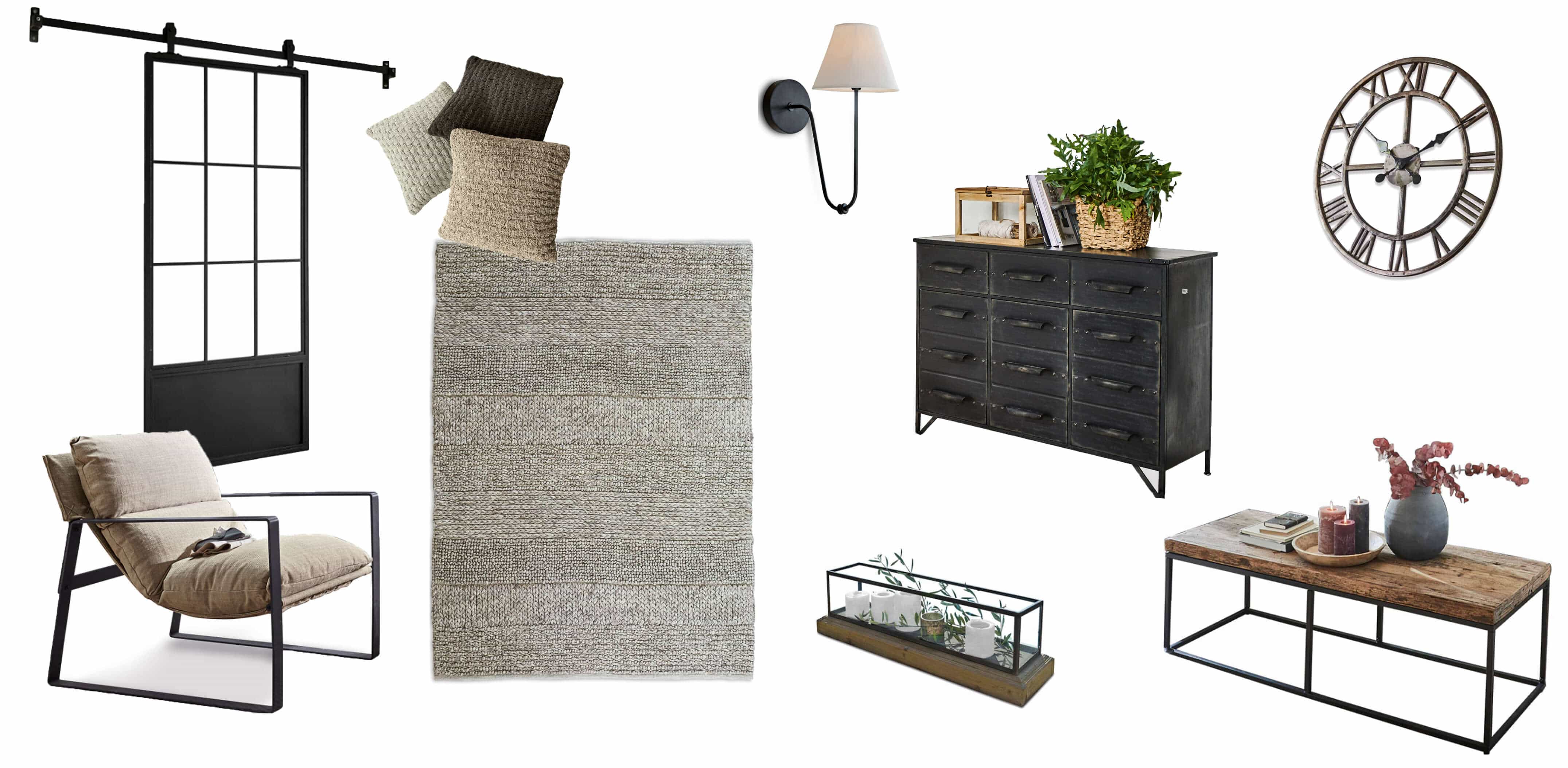 Industrielles Möbel-Set aus Metall und Holz in Schwarz und Beige mit Teppich und Kissen