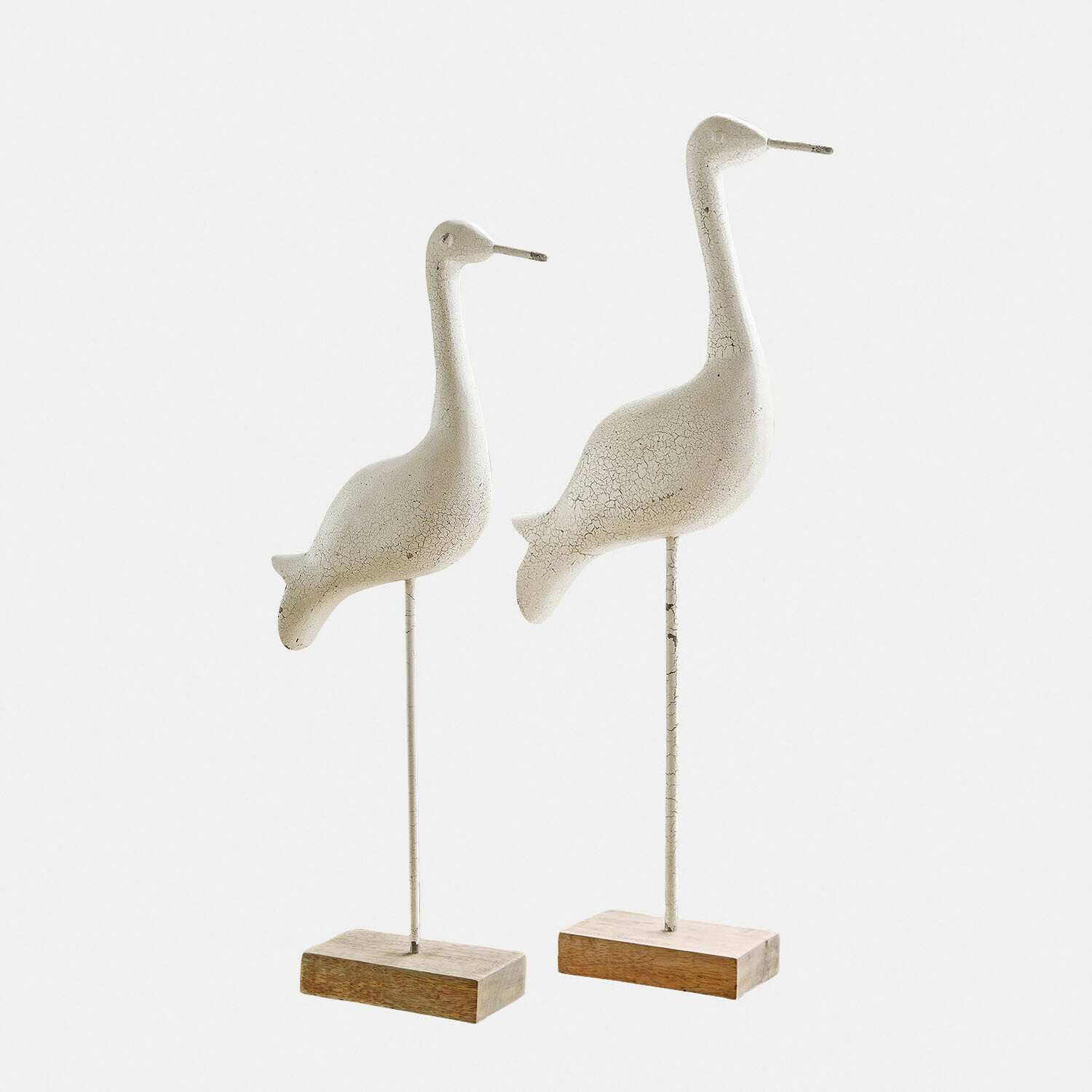 Deko-Kranich 2er Set Windale Weiße Vogel-Figuren aus Holz und Metall auf Sockel, dekorative Wohn- und Gartendeko