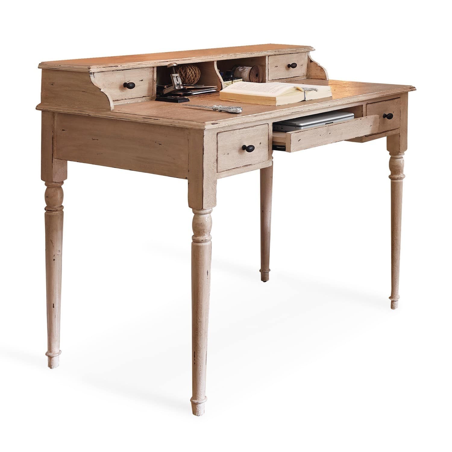 creme Kremfarbener Holzsekretär mit Schubladen und Fächern, Vintage-Stil für Büro und Zuhause