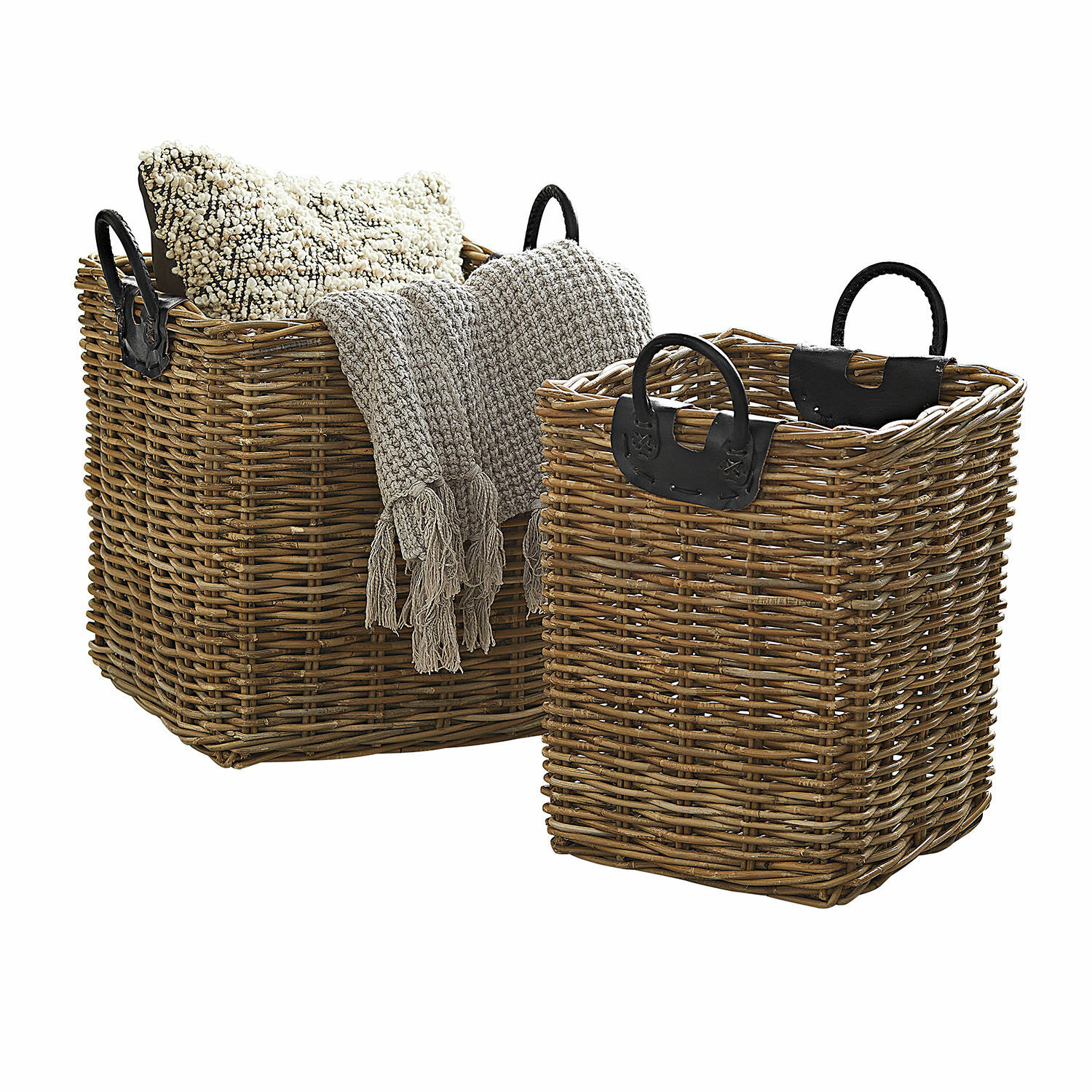 Korb 2er Set Serendel Set aus zwei Korbwaren aus Weide mit schwarzen Griffen, Naturfarbe, zur Aufbewahrung und Dekoration