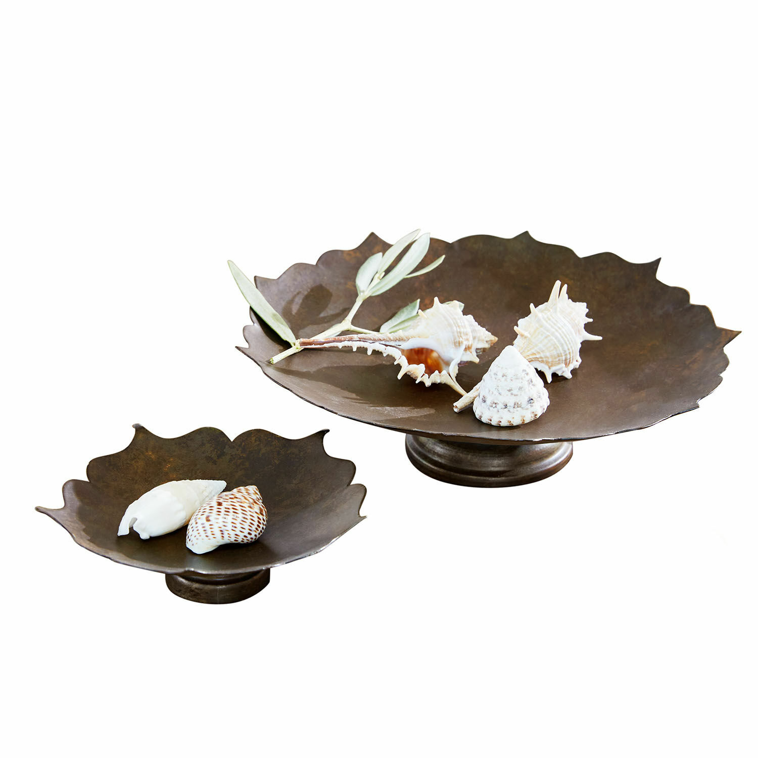 Deko-Schale 2er Set Viverto Set aus zwei dekorativen braunen Metallschalen mit Muscheln und Olivenzweig