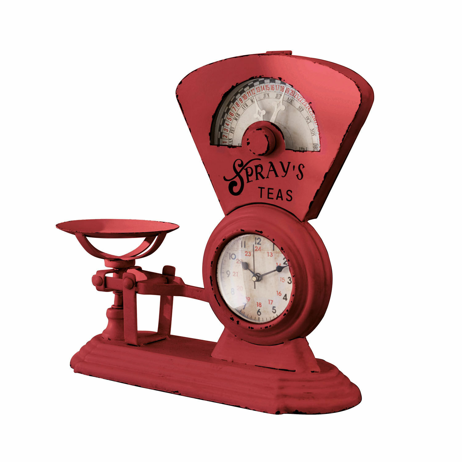 antikrot Rote Metall-Küchenwaage mit Uhr und Schriftzug Spray's Teas im Vintage-Stil