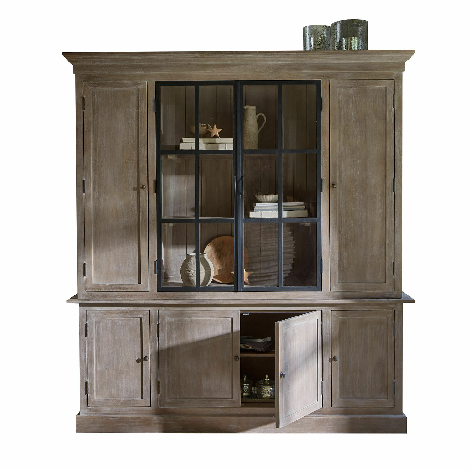 Schrank Valandor Großer Holzschrank mit Glastüren und Regalen in natürlicher Farbe, Wohnzimmermöbel