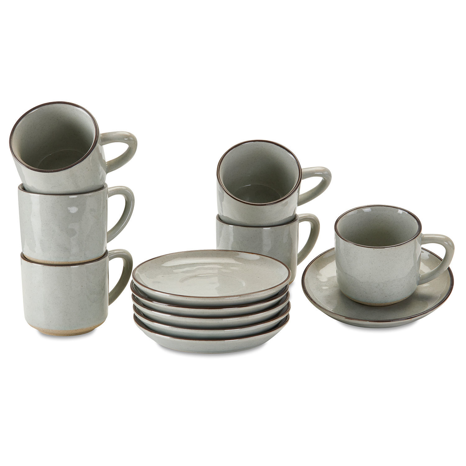 Tasse mit Untertasse 6er Set Biarré Set aus grauen Keramiktassen und Untertassen mit braunem Rand für Kaffee oder Tee