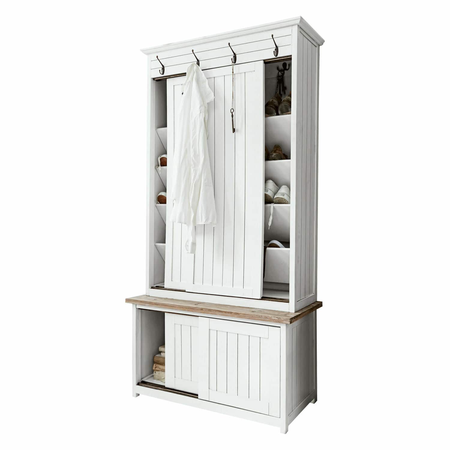 Garderobe Remerton Weißer Holzschrank mit Schuhregalen und Kleiderhaken für den Flur