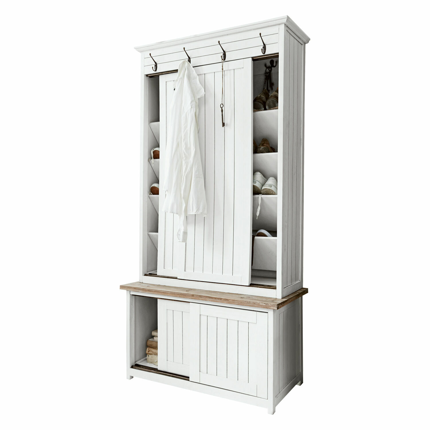 Garderobe Remerton Weißer Holzschrank mit Schuhregalen und Kleiderhaken für den Flur