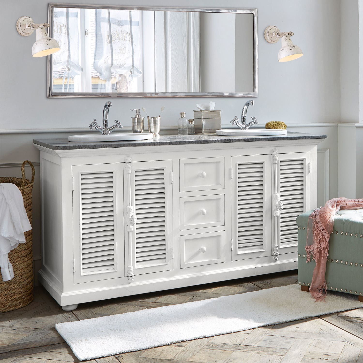 Doppelwaschtisch South Paris Weiße Holz-Badezimmerkommode mit zwei Waschbecken und Spiegel, dekorativer Vintage-Stil