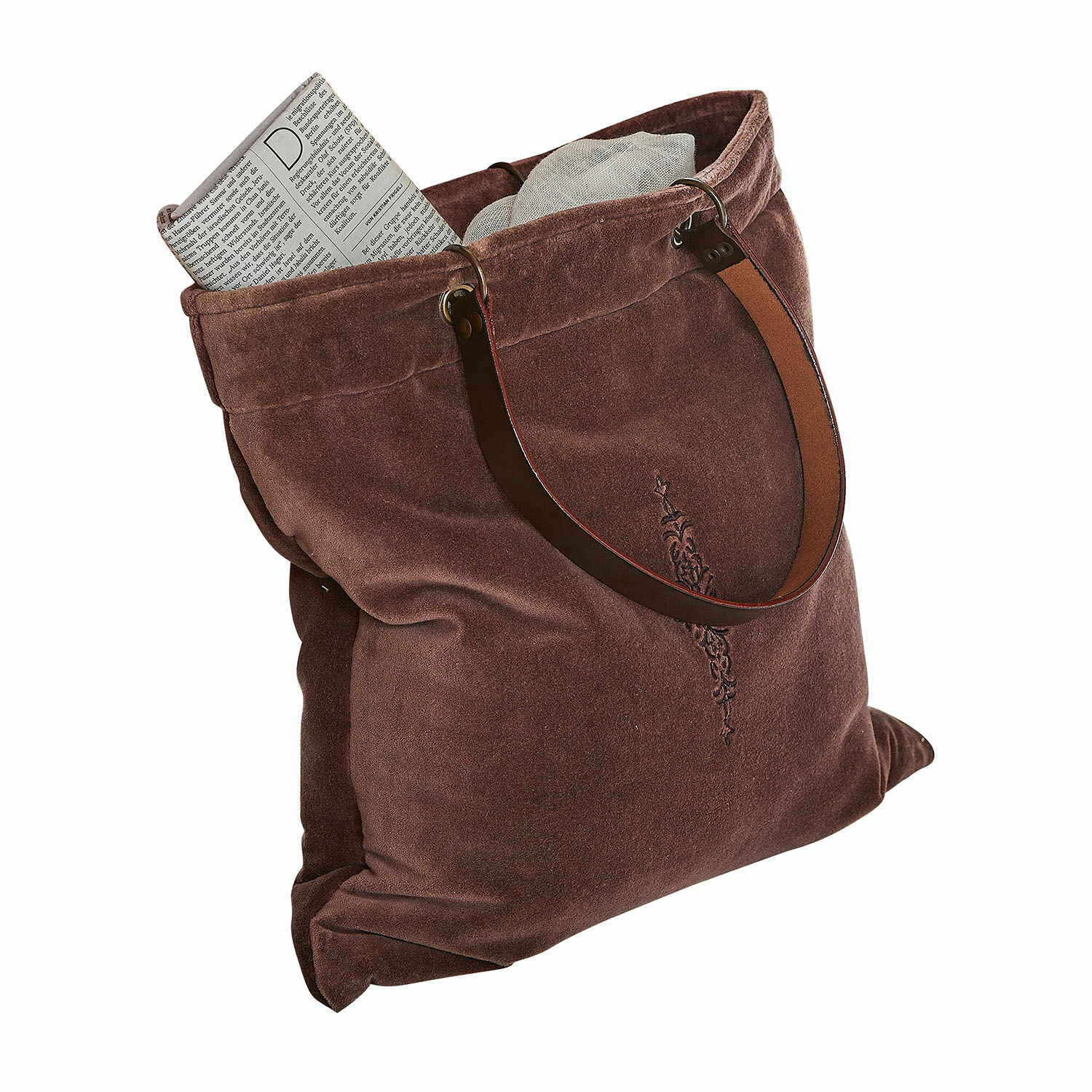 Tasche Clarimonda Braune Wildledertasche mit dunkelbraunen Griffen und Zeitung im Inneren, Schultertasche