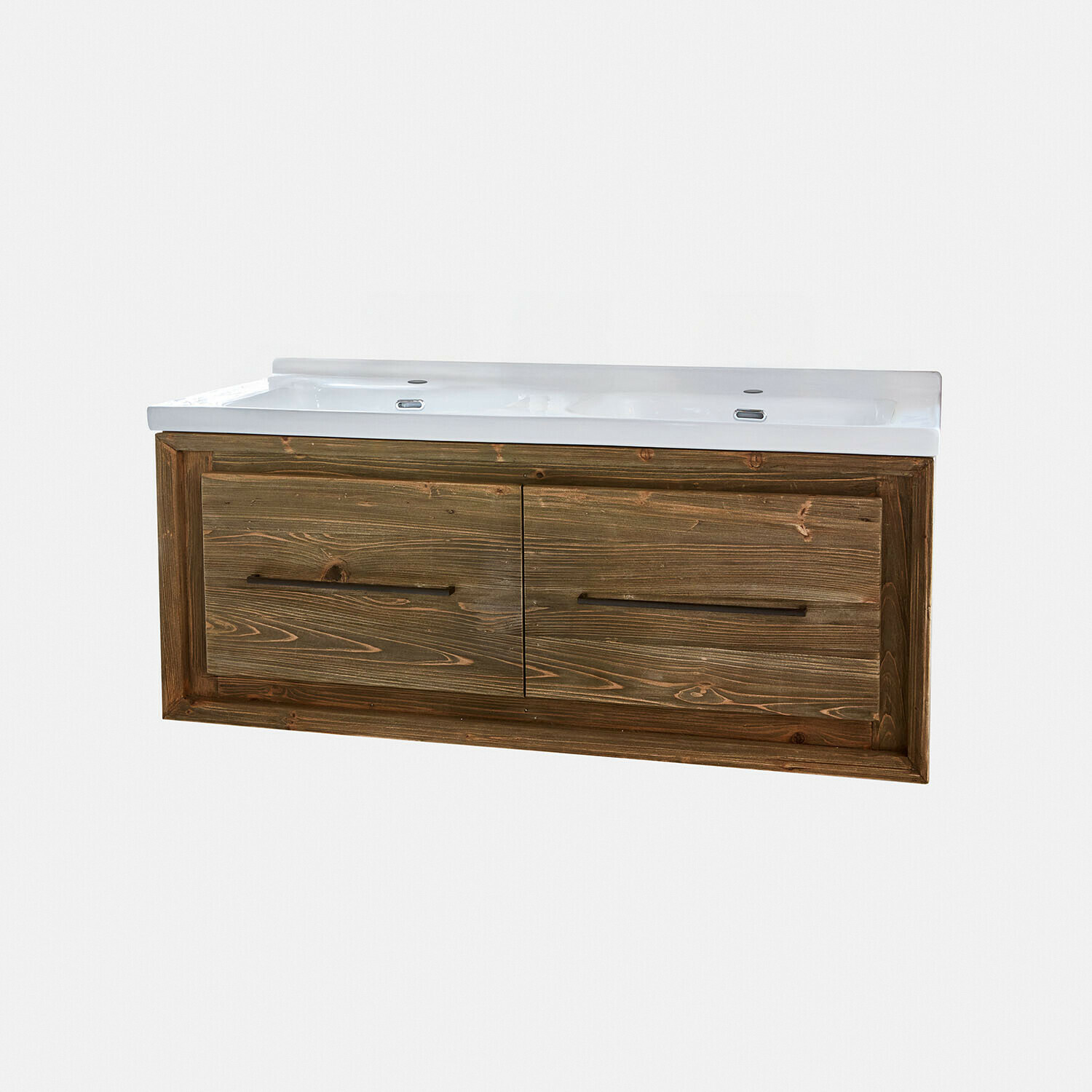 Doppelwaschtisch Greenhaven Doppelwaschbecken aus weißer Keramik auf braunem Holzschrank für modernes Badezimmer