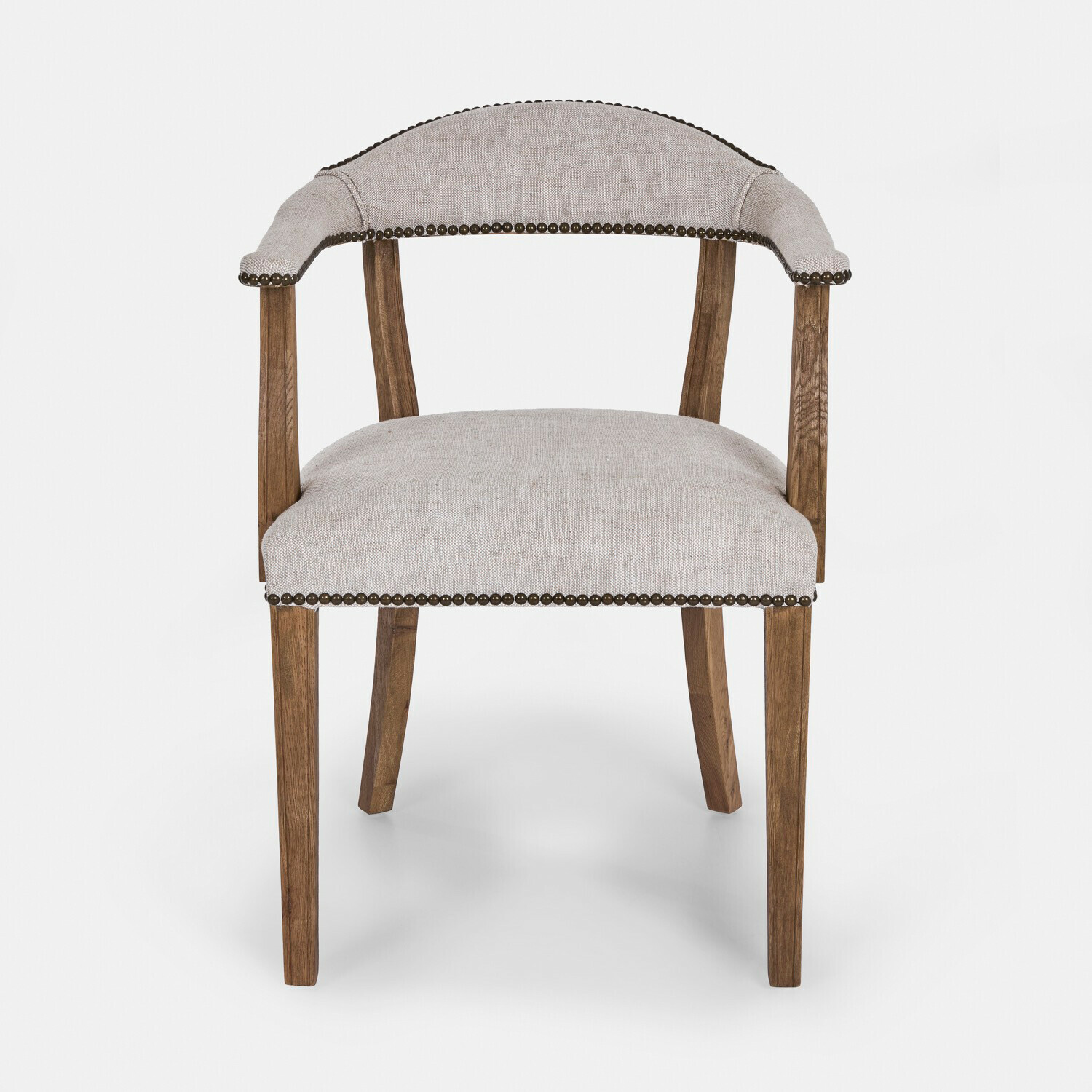 leinen Stuhl Heaton aus beigem Leinen und hellem Holz mit Ziernägeln, elegantes Wohnzimmermöbel