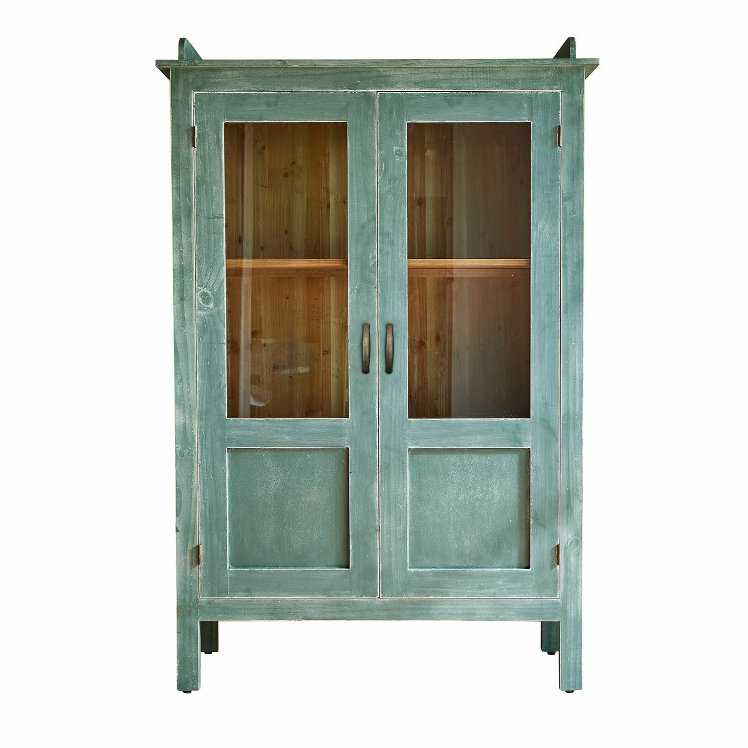 Grüne Holzvitrine mit Glastüren und braunem Innenraum für stilvolle Aufbewahrung