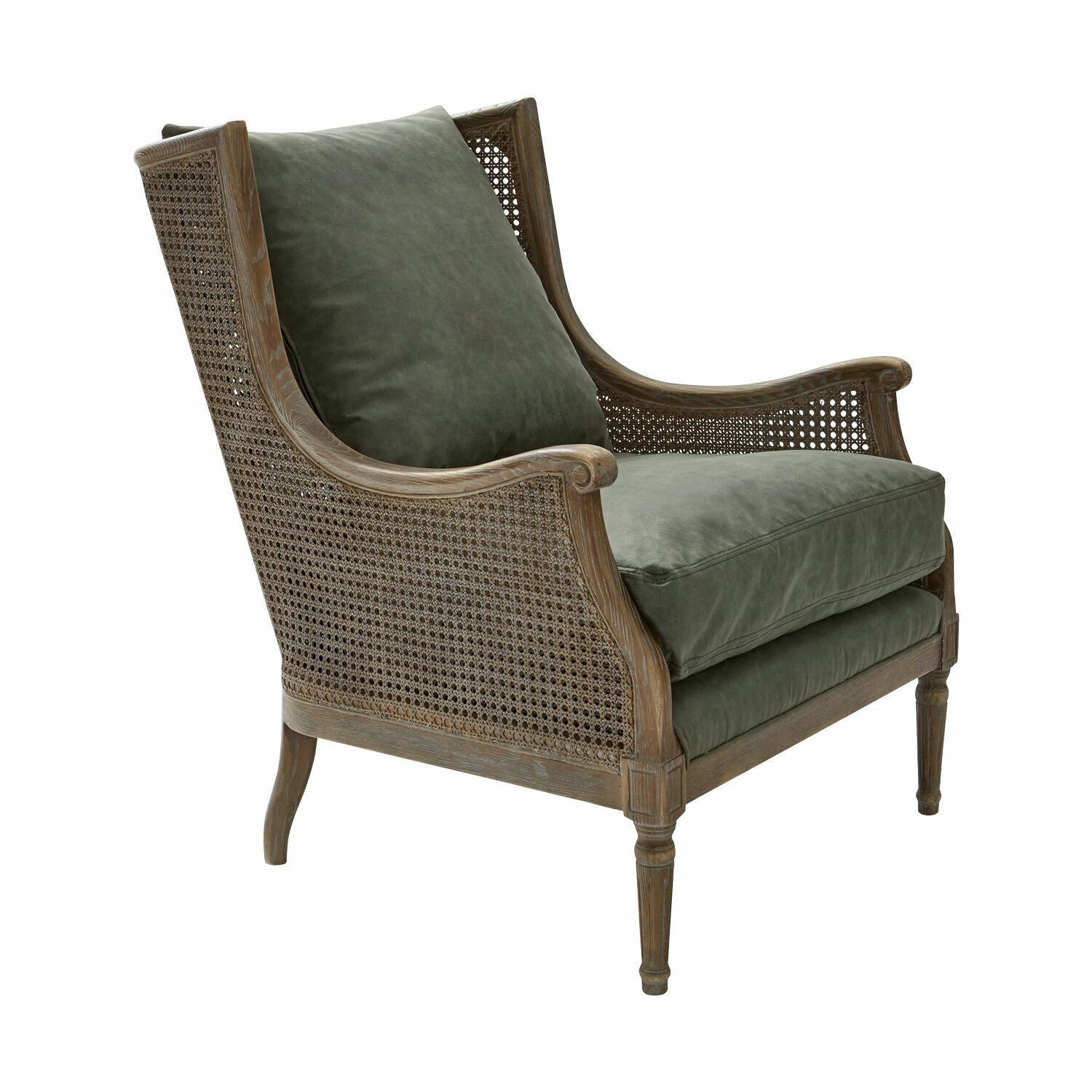 Sessel Greenbrier Sessel aus Holz und Geflecht mit grünen Kissen aus weichem Stoff für Wohnzimmer