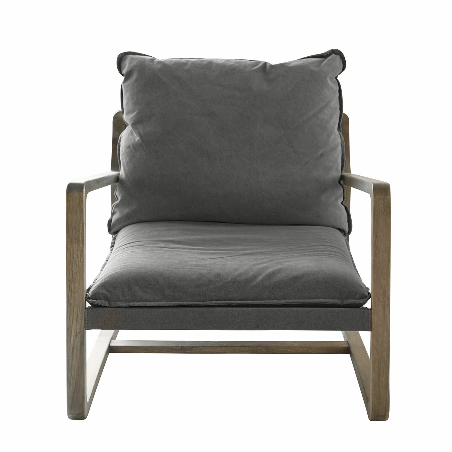 grau/braun Sessel Jowna mit grauem Stoff und braunem Holzgestell, moderner Wohnzimmerstuhl