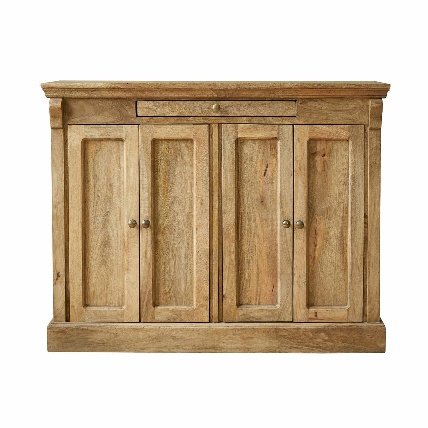 Kommode Winthorpe Sideboard aus Mangoholz in Naturfarbe mit vier Türen und einer Schublade für Stauraum