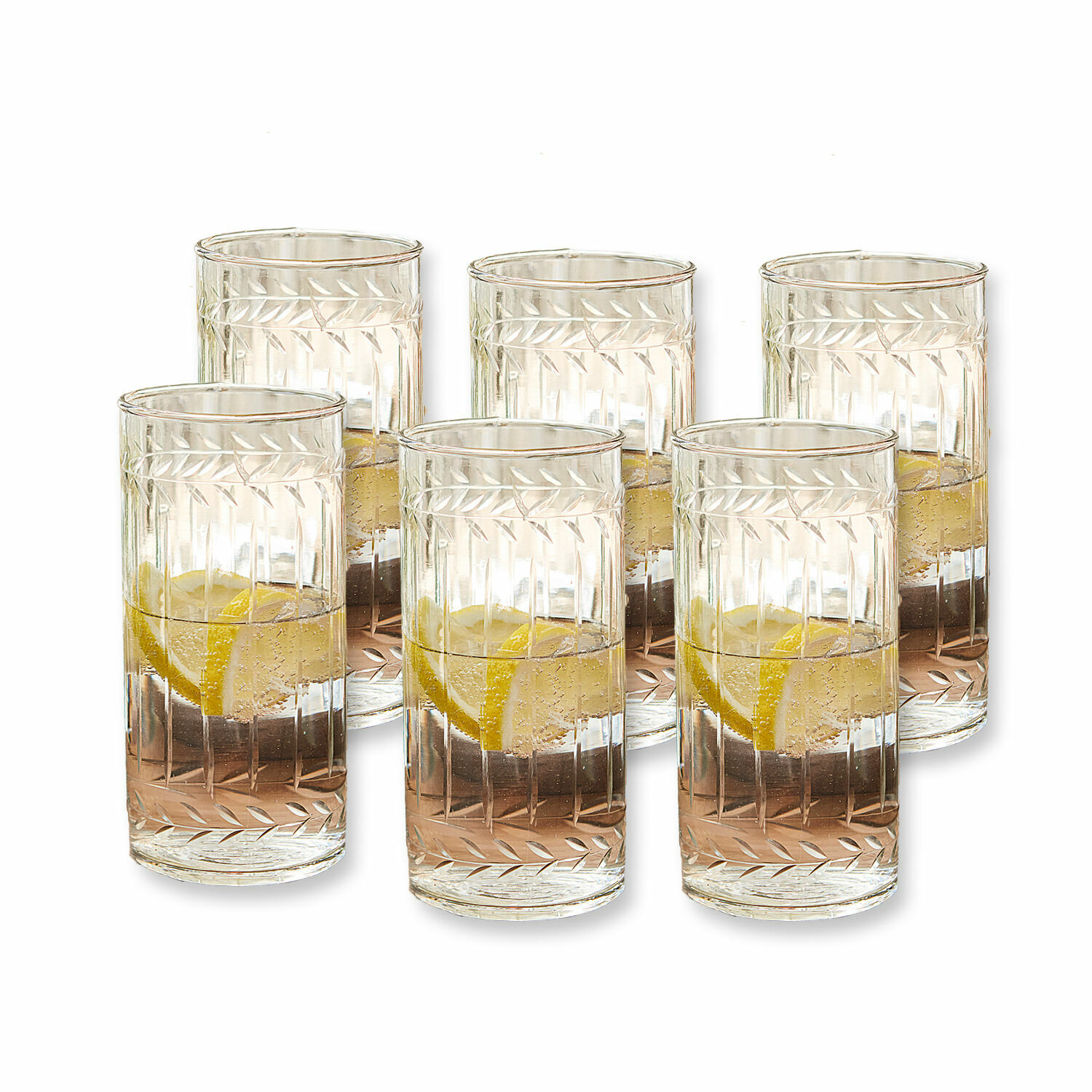 Glas 6er Set Padiès Sechsteiliges Set aus transparentem Glas mit graviertem Muster und Zitronenscheibe