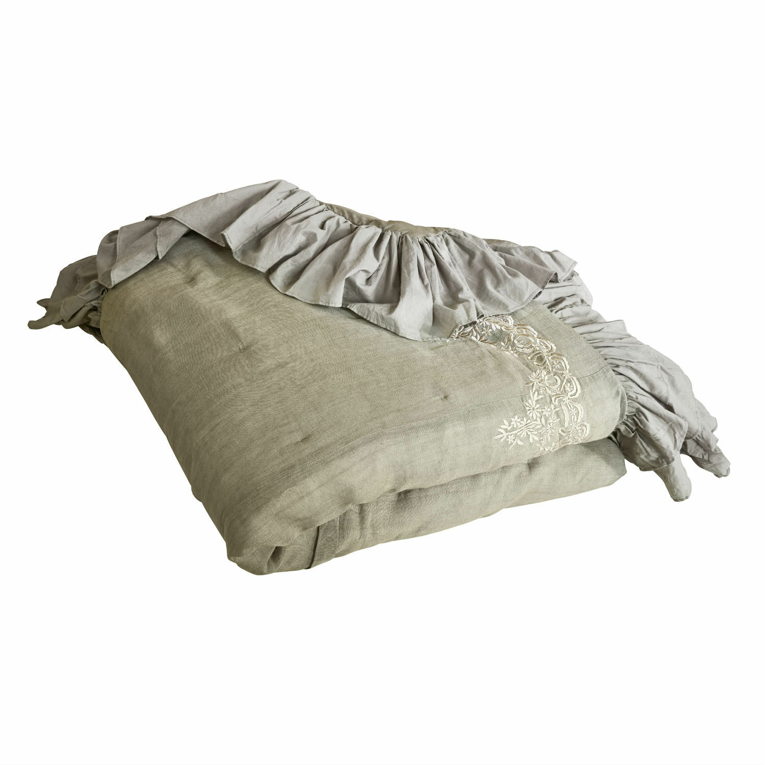 Quilt Therese Beige Leinenbettwäsche mit Rüsche und Stickerei, dekorativer natürlicher Stoff für Schlafzimmer
