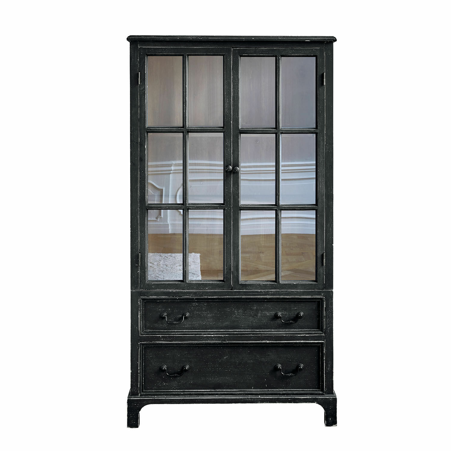 antikschwarz Antikschwarzer Holzschrank Jarrowfield mit Glastüren und zwei Schubladen, elegantes Wohnzimmermöbel