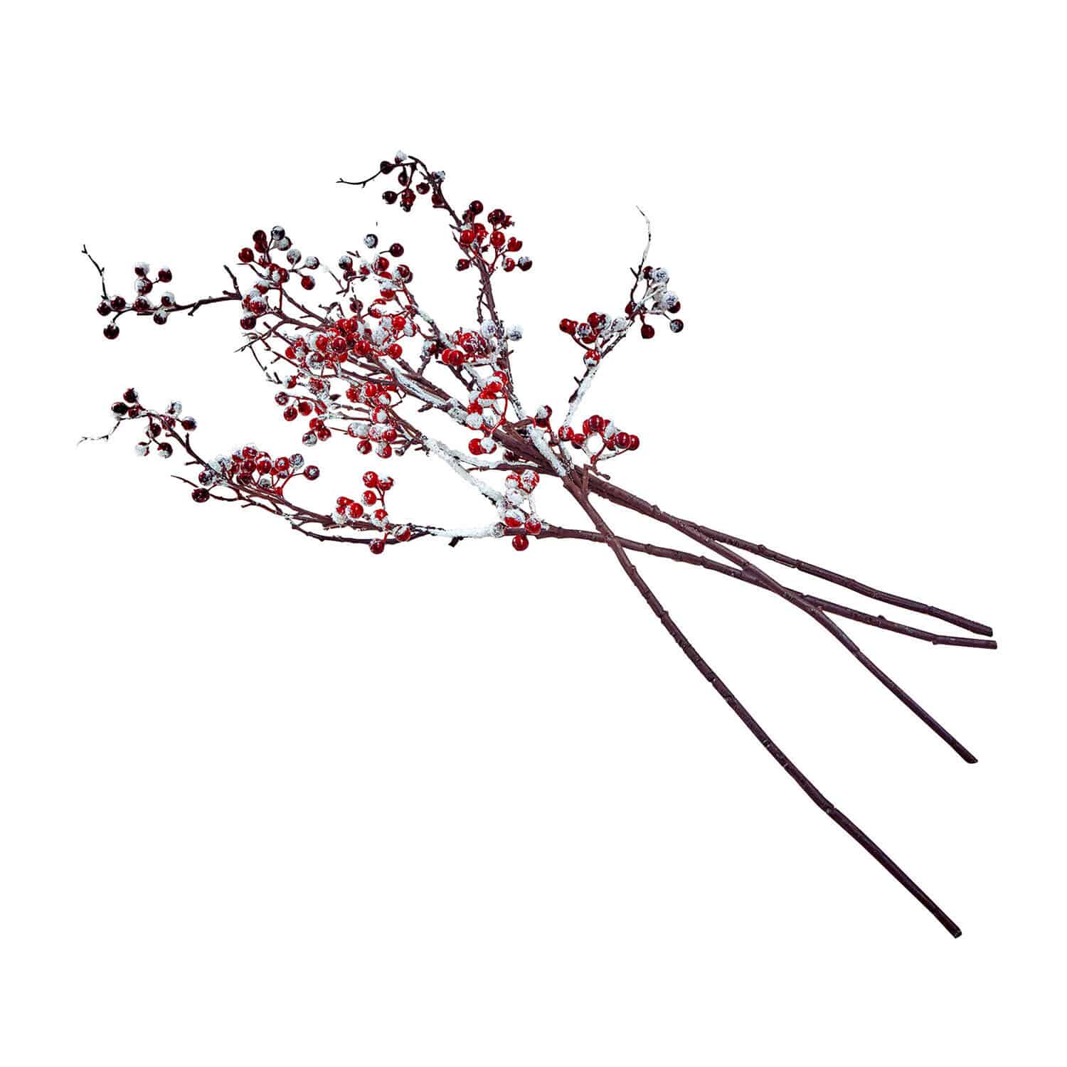 Deko-Zweig 4er Set Seravas Dekorative Zweige mit roten Beeren und künstlichem Schnee auf braunen Ästen für Weihnachtsdeko