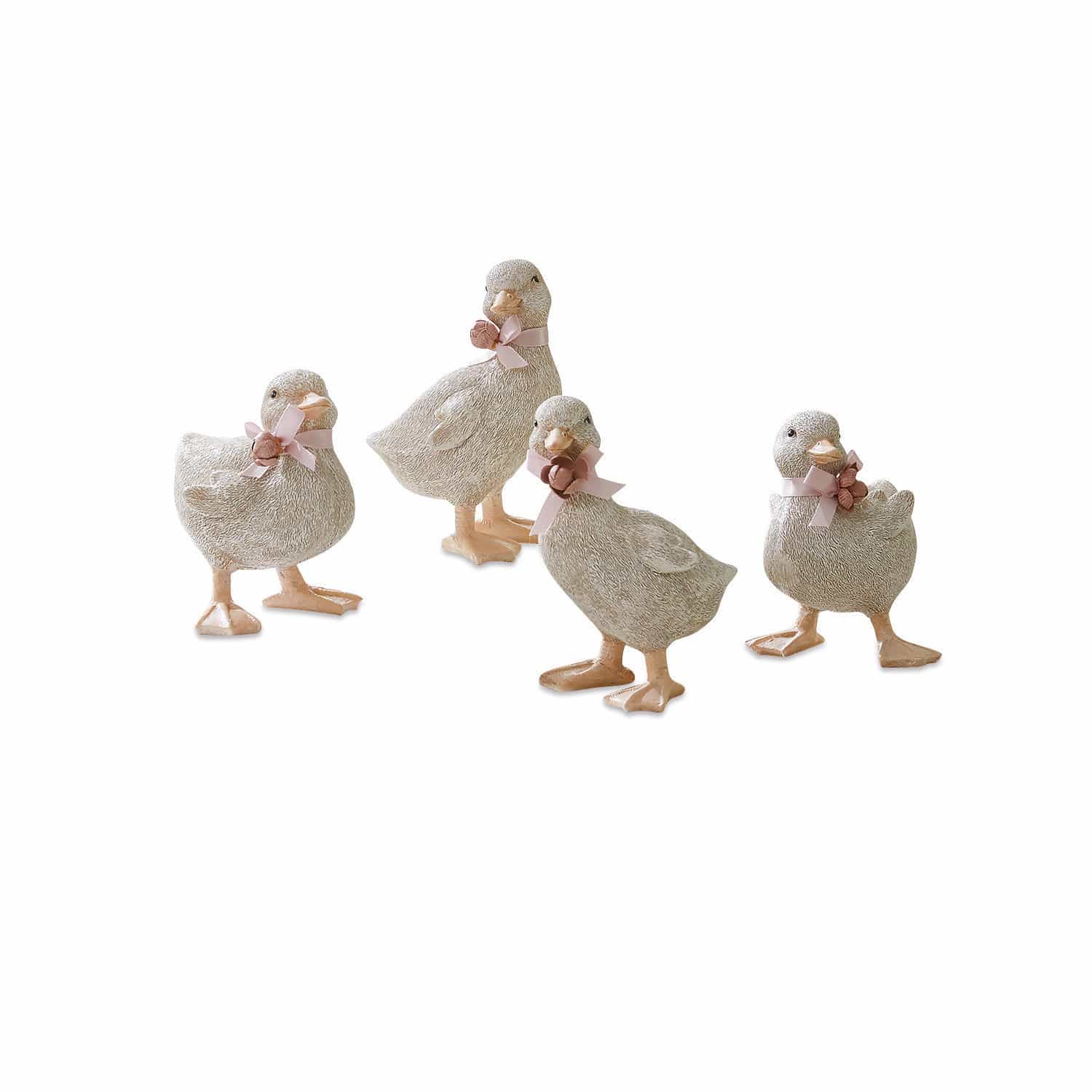 Küken 4er Set Orélie Set aus vier grauen Deko-Enten aus Kunststoff mit rosa Schleifen für Wohnraumdeko