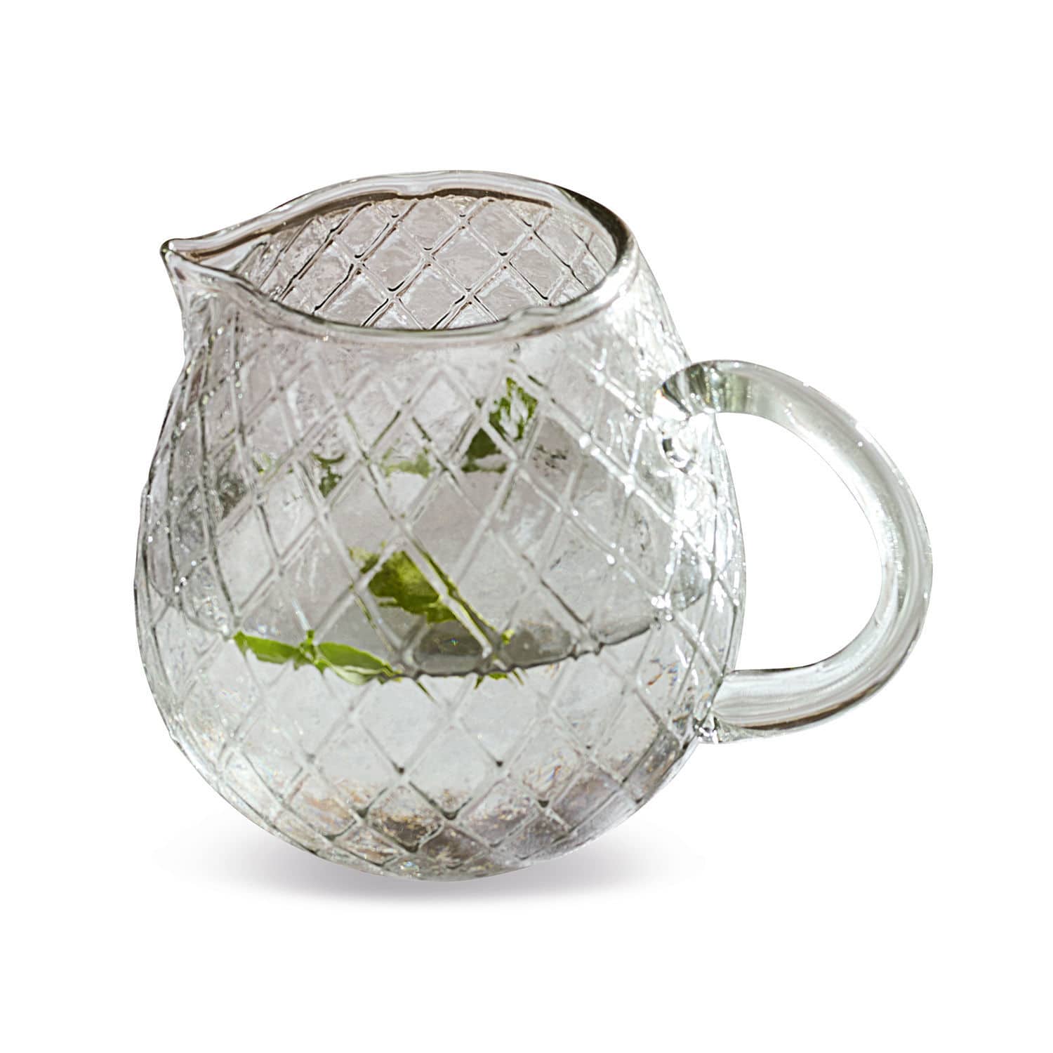 Glaskrug aus klarem Glas mit Rautenmuster und Henkel zum Servieren von Getränken