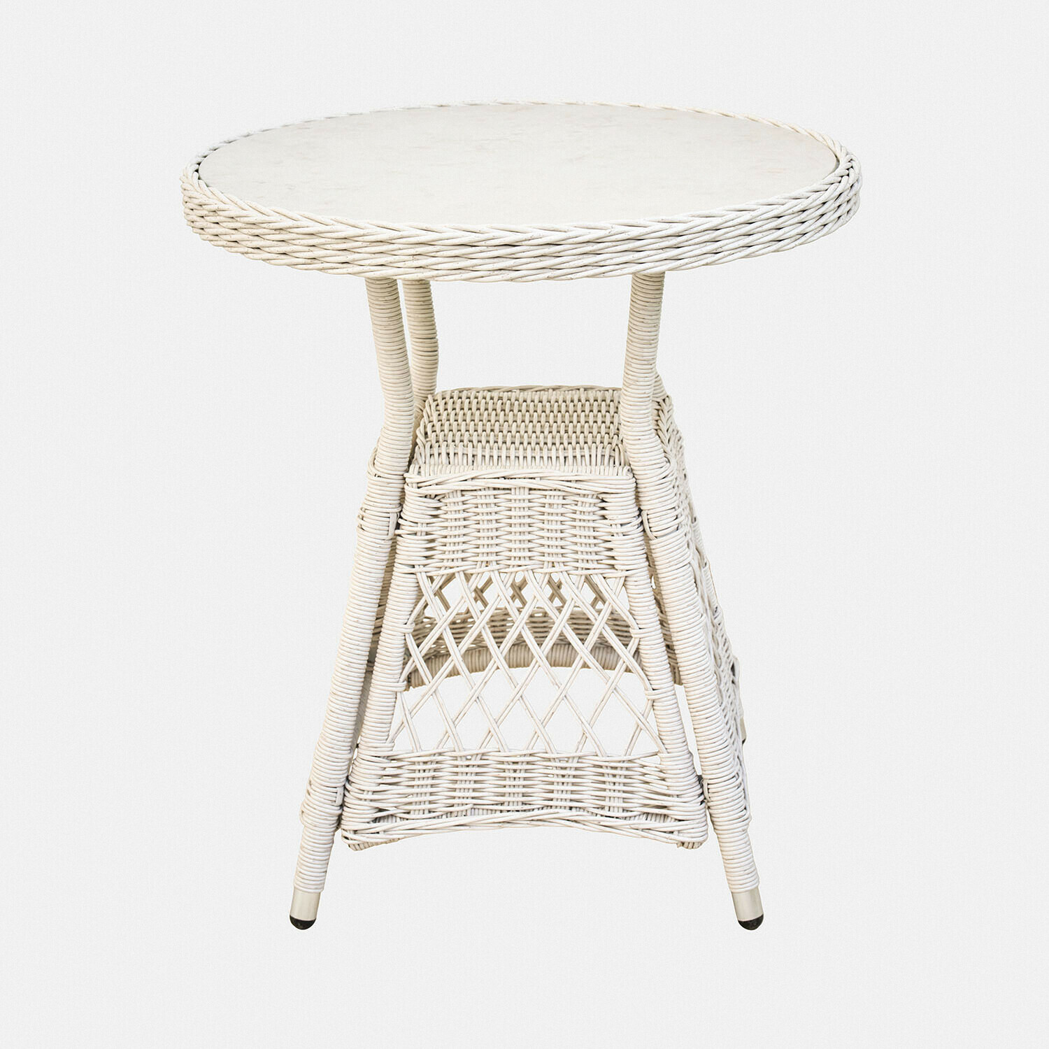 Tisch Solavine Runder Beistelltisch aus weißem Rattan mit geflochtenem Muster und Ablagefläche, Möbelstück