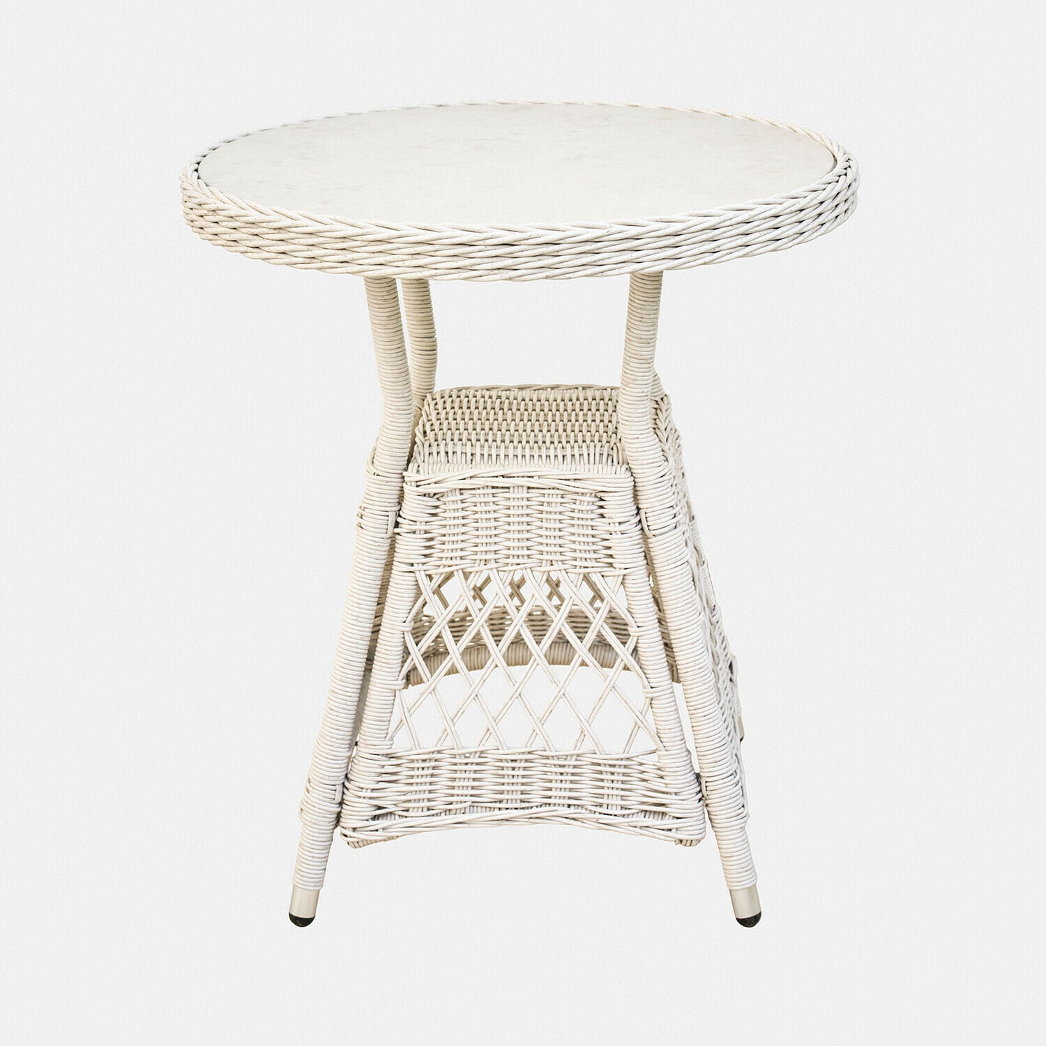Tisch Solavine Runder Beistelltisch aus weißem Rattan mit geflochtenem Muster und Ablagefläche, Möbelstück