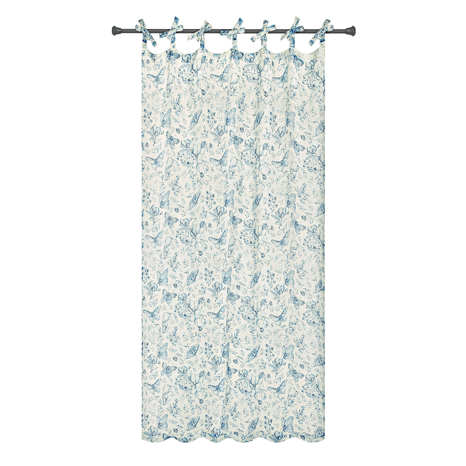 Baumwollvorhang in Creme mit blauem Schmetterlings- und Blumenmuster, dekorativ fürs Wohnzimmer