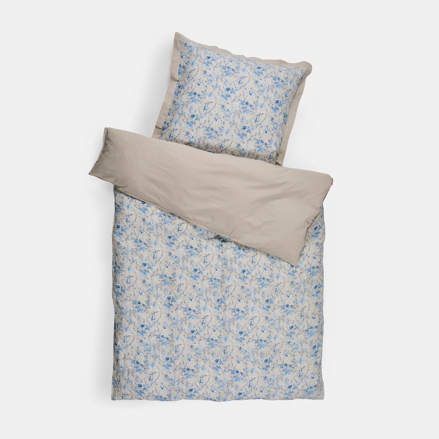 Bettwäsche Vailenne Bettwäsche aus Baumwolle in Beige mit blauem Blumenmuster, inklusive Kissenbezug