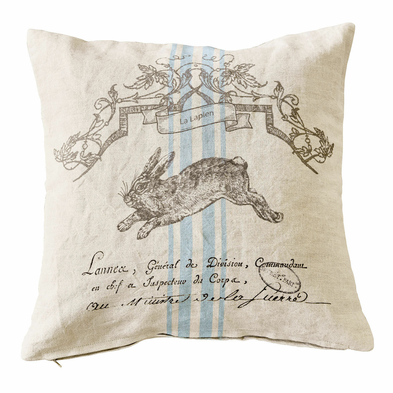 Kissenhülle La Lapin Beige Leinenkissen mit Hasenmotiv und blauen Streifen, dekoratives Wohnaccessoire