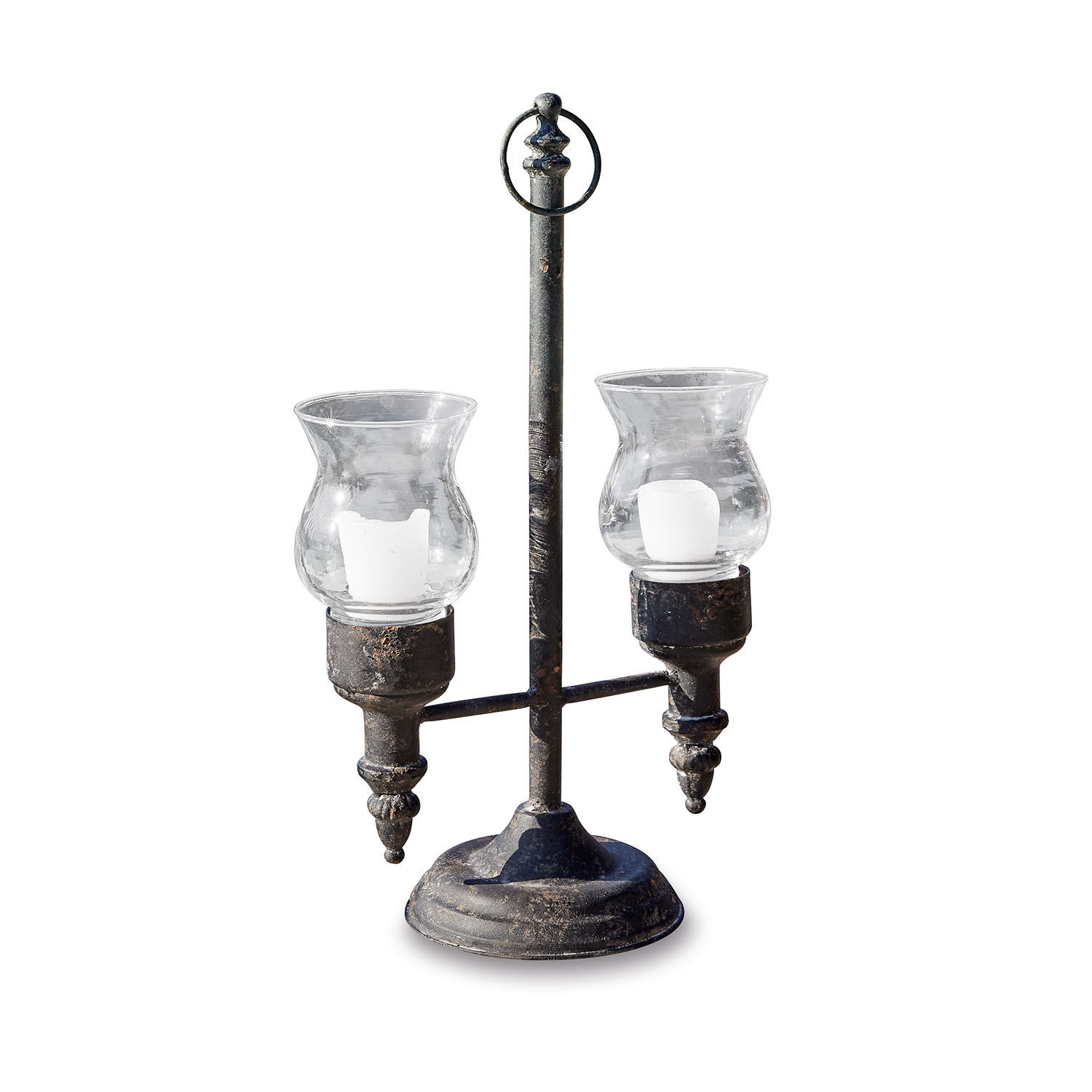 Windlicht Oiusseau Metall-Kerzenhalter mit zwei transparenten Glashüllen für weiße Kerzen, schwarzes Design