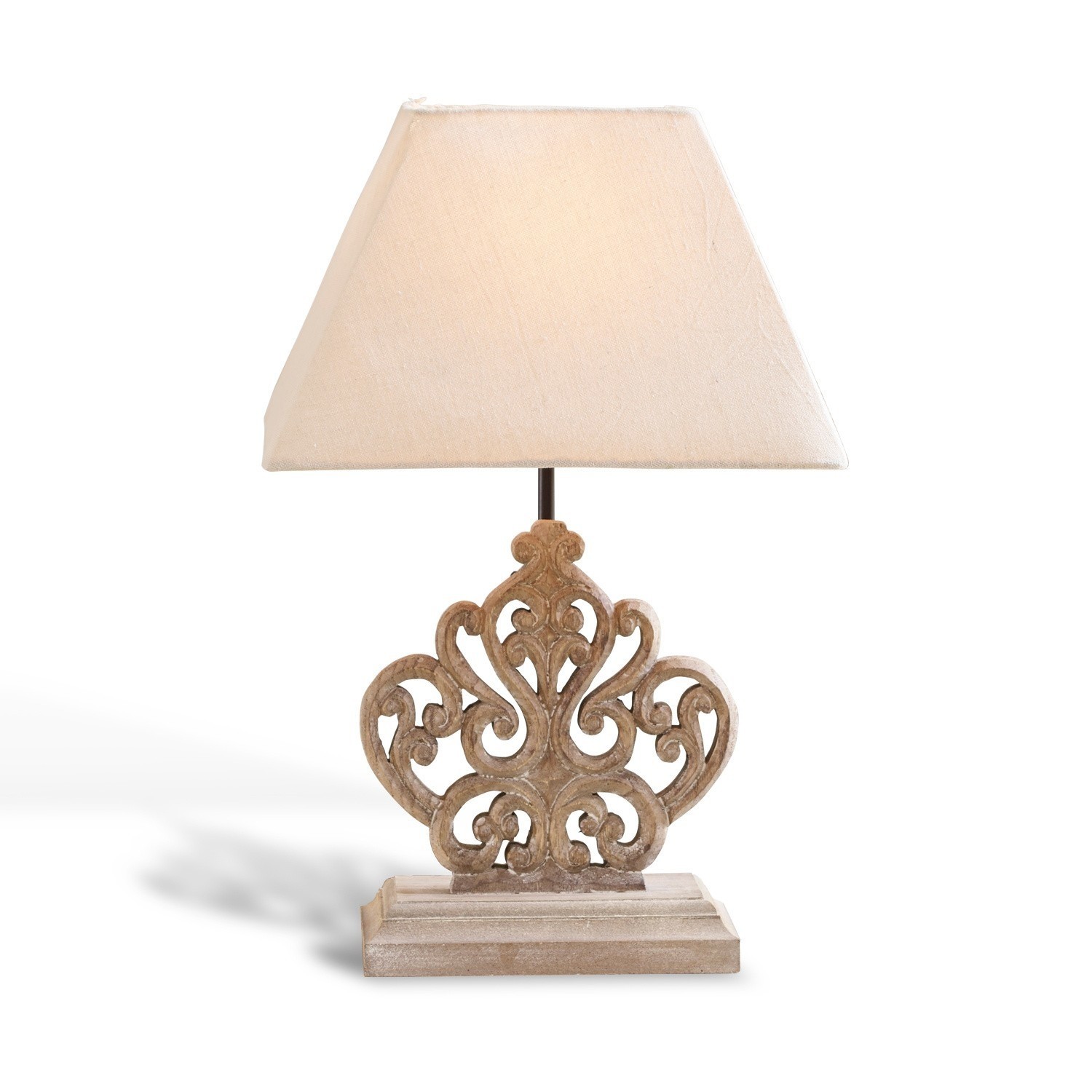 Tischlampe Tamee Tischlampe mit beigem Lampenschirm und geschnitztem Holzfuß im Vintage-Stil für Wohnräume