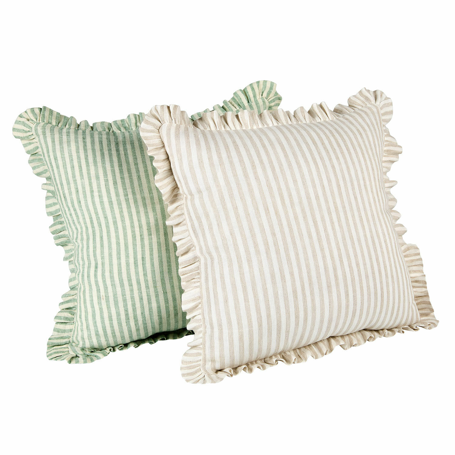 Kissenhülle 2er Set Brenda Set aus zwei dekorativen Baumwollkissen mit Streifen in Creme-Beige und Grün mit Rüschen
