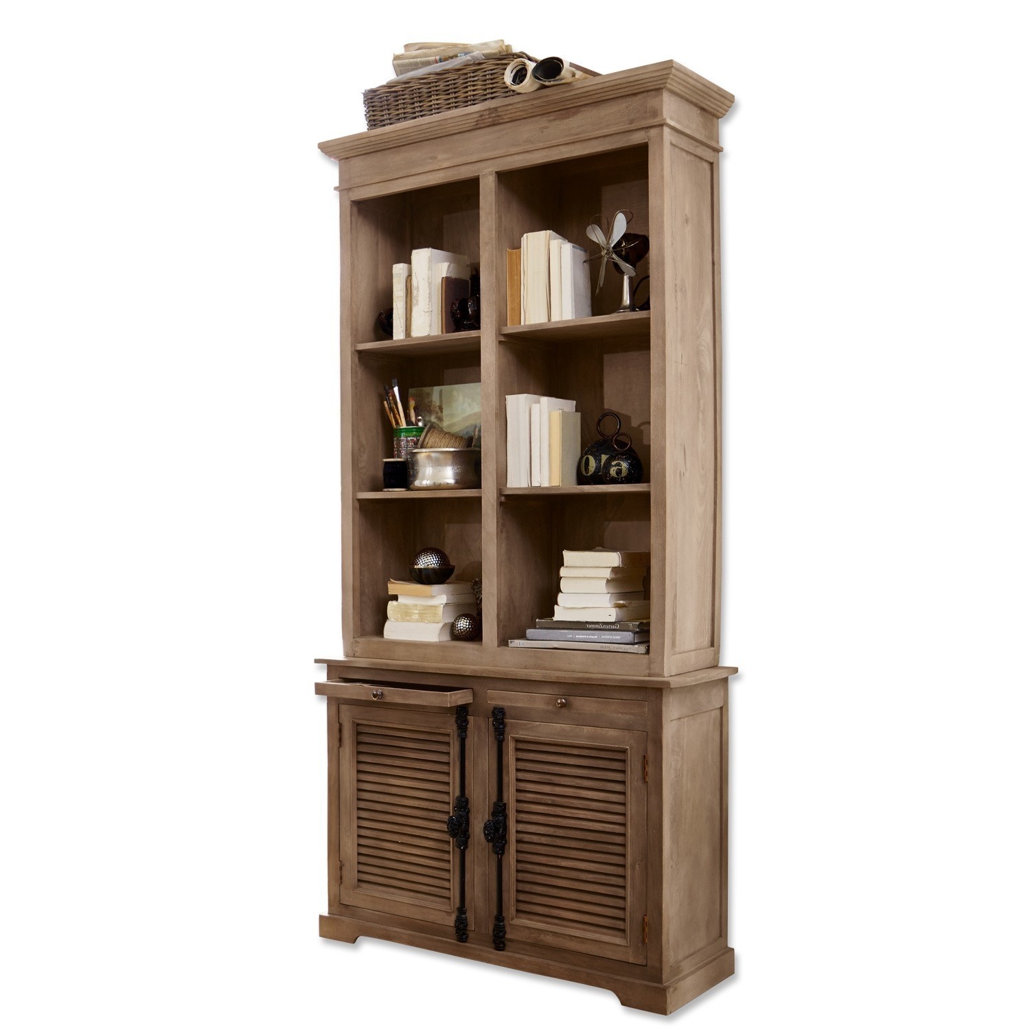 Schrank Woodlawn Holzschrank in Naturfarbe mit Regalen und Schubladen zur Aufbewahrung von Büchern und Dekoration