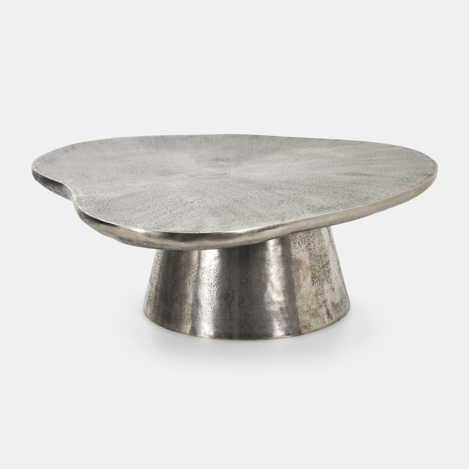 Moderner Couchtisch aus silbernem Metall mit unregelmäßig geformter Tischplatte und konischem Fuß