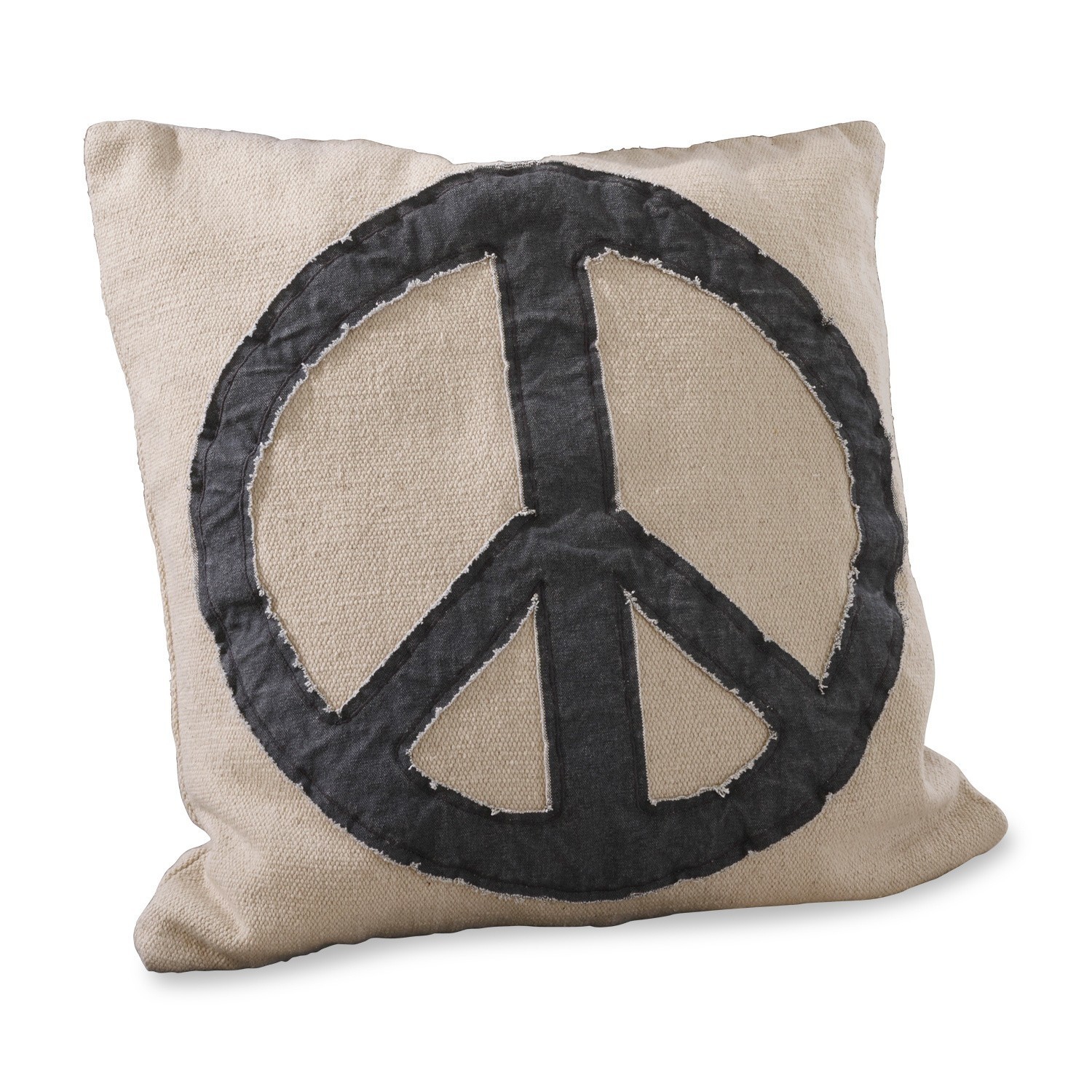 Kissen Freedom Beige Kissen aus Baumwolle und Leinen mit schwarzem Peace-Zeichen, dekoratives Wohnkissen