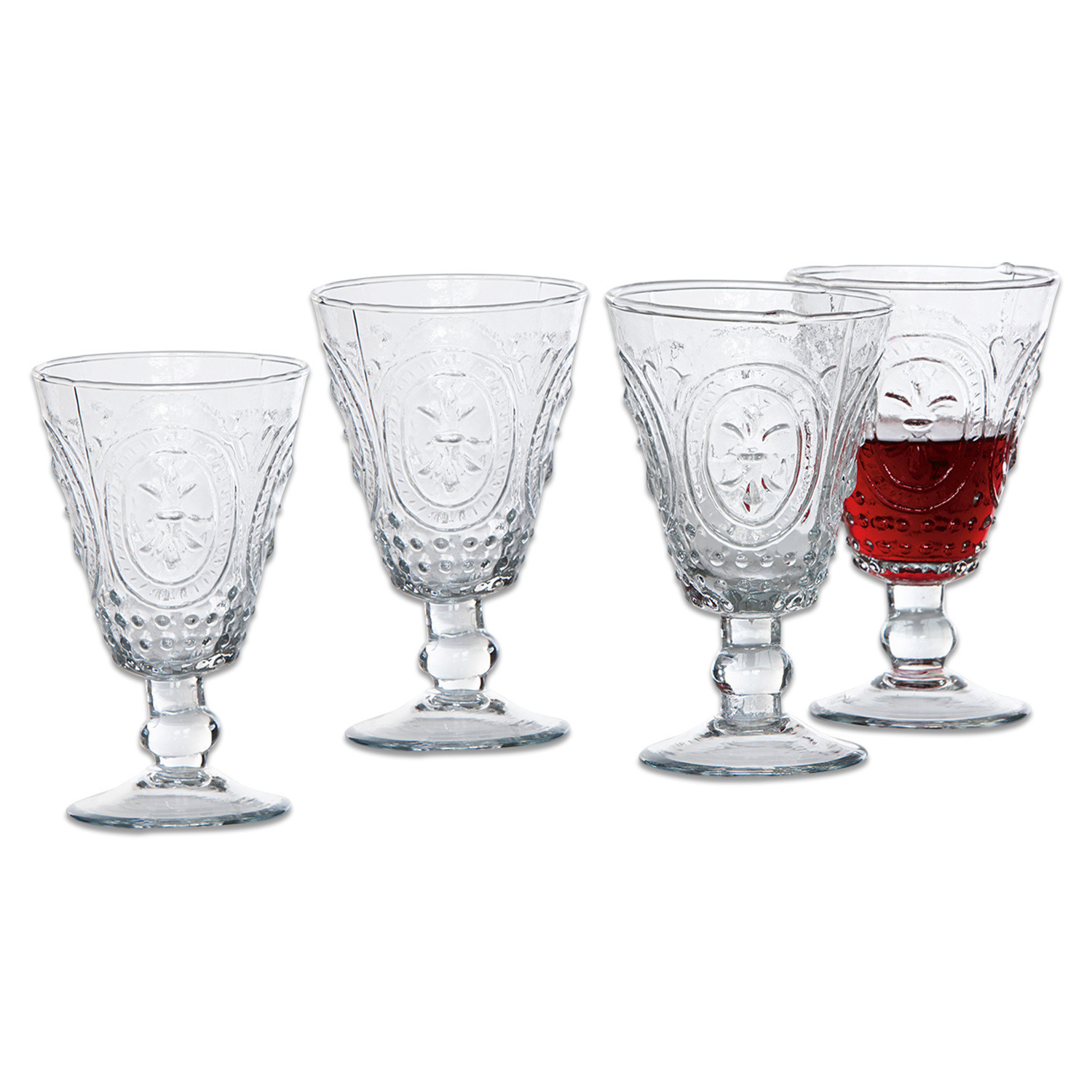 Weingläser 4er Set Sarton Set aus vier klaren Gläsern mit dekorativem Muster, ideal zum Servieren von Getränken.