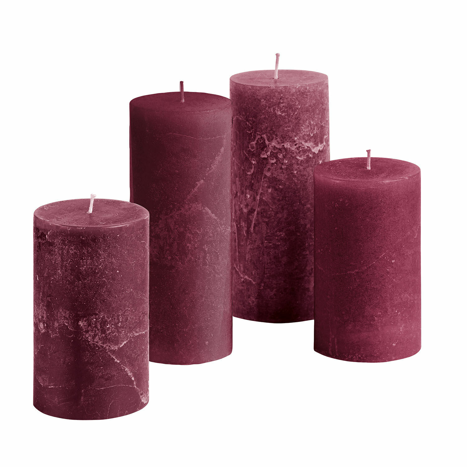 bordeaux 4er Set Berekua Kerzen in Bordeaux mit rustikaler Oberfläche, dekorative Wohnaccessoires
