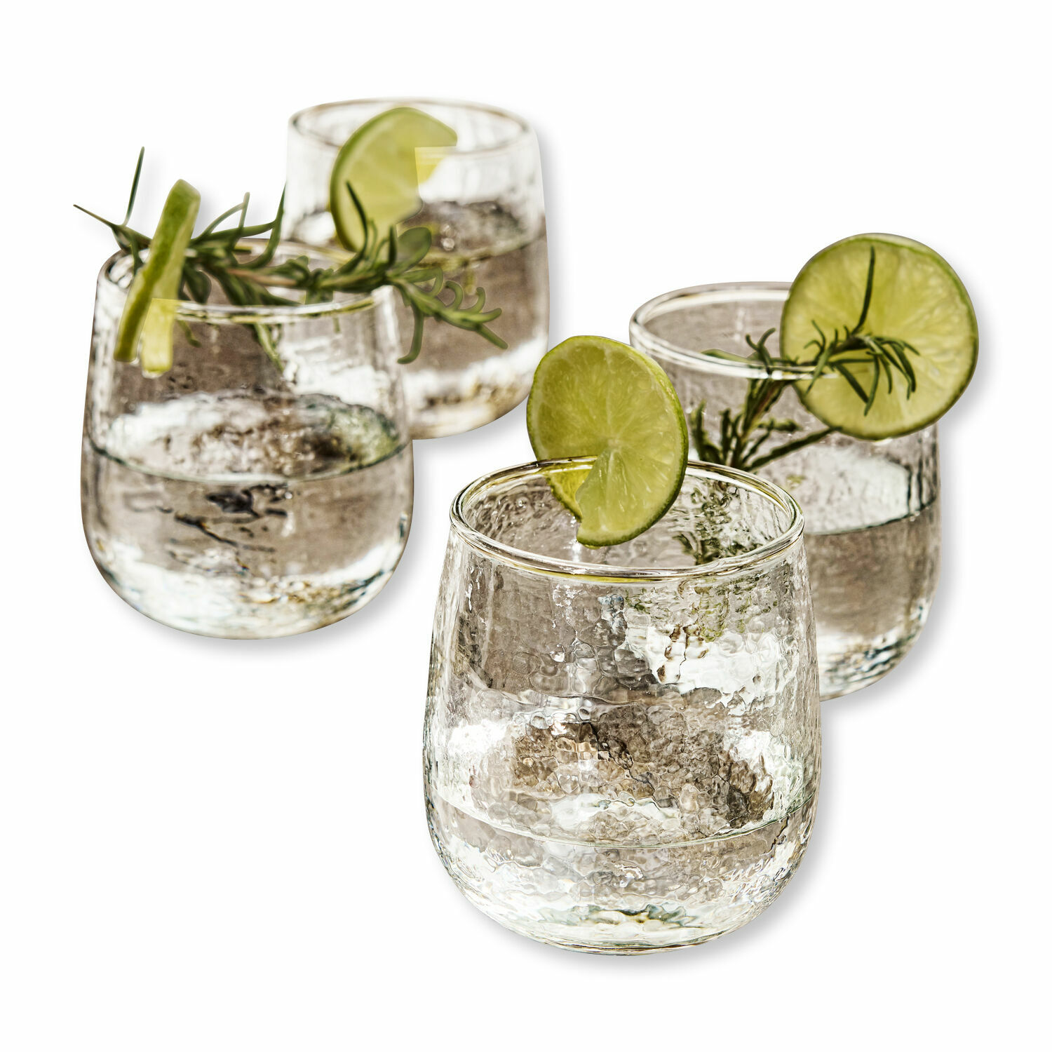 Glas 4er Set Valters Set aus vier Gläsern aus strukturiertem Glas mit Limettenscheiben und Rosmarinzweigen