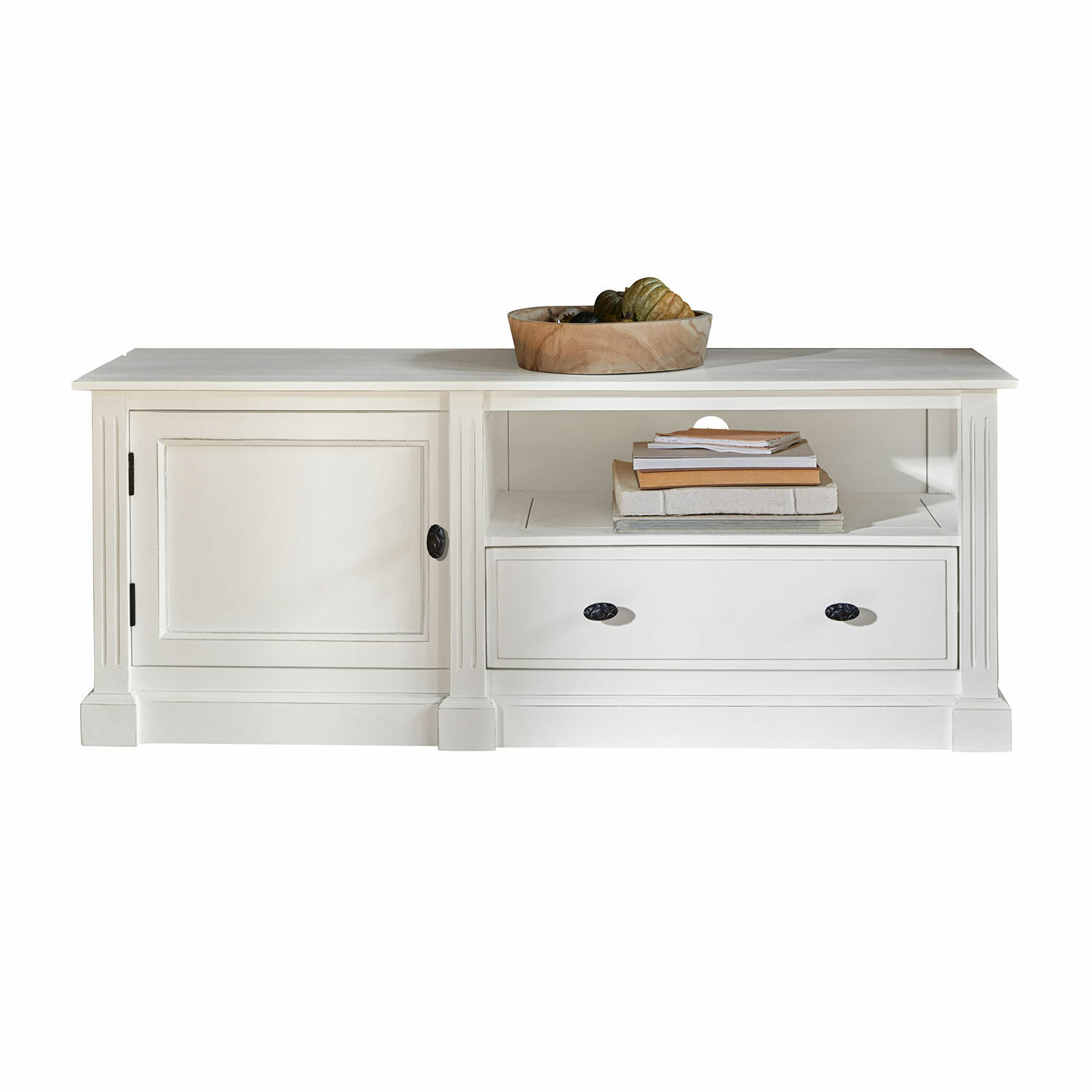 Sideboard Lune Sauvage Weißer Holztisch mit Schublade und Ablage, dekorative Schale und Bücher auf der Oberfläche