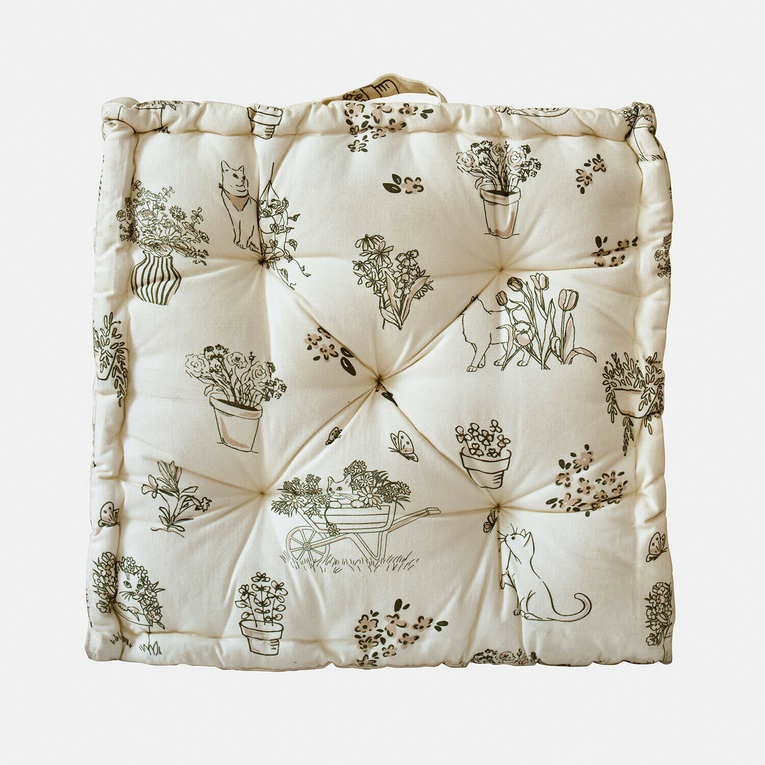 Quadratisches Baumwollkissen in Creme mit Pflanzen- und Katzenmotiven, dekorativ und bequem für Stühle