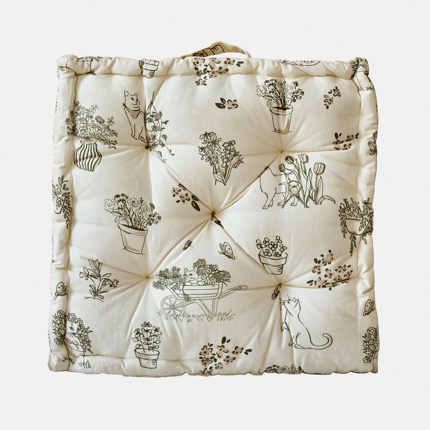 Kissen Orsélie Quadratisches Baumwollkissen in Creme mit Pflanzen- und Katzenmotiven, dekorativ und bequem für Stühle