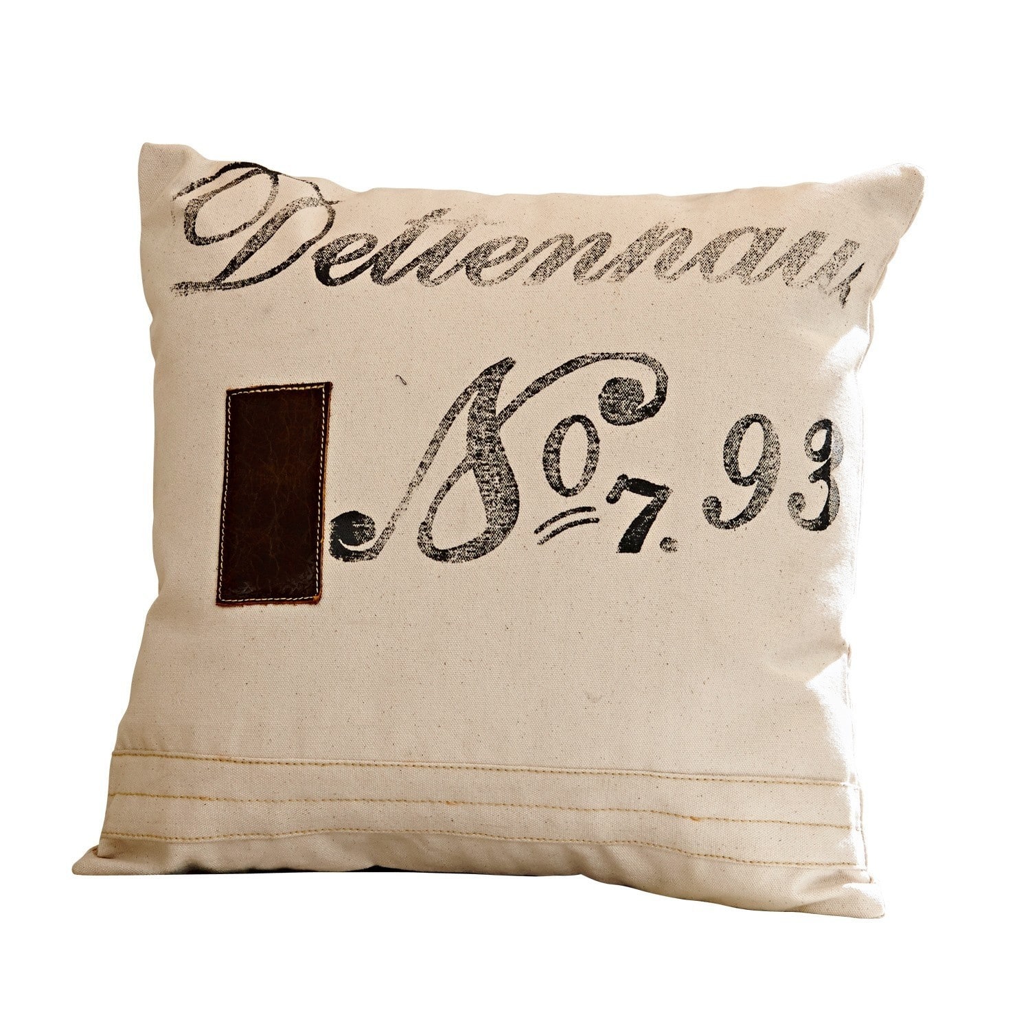 Kissen Orleans Beige Baumwollkissen mit schwarzem Druck und braunem Lederpatch als Dekokissen für Wohnzimmer