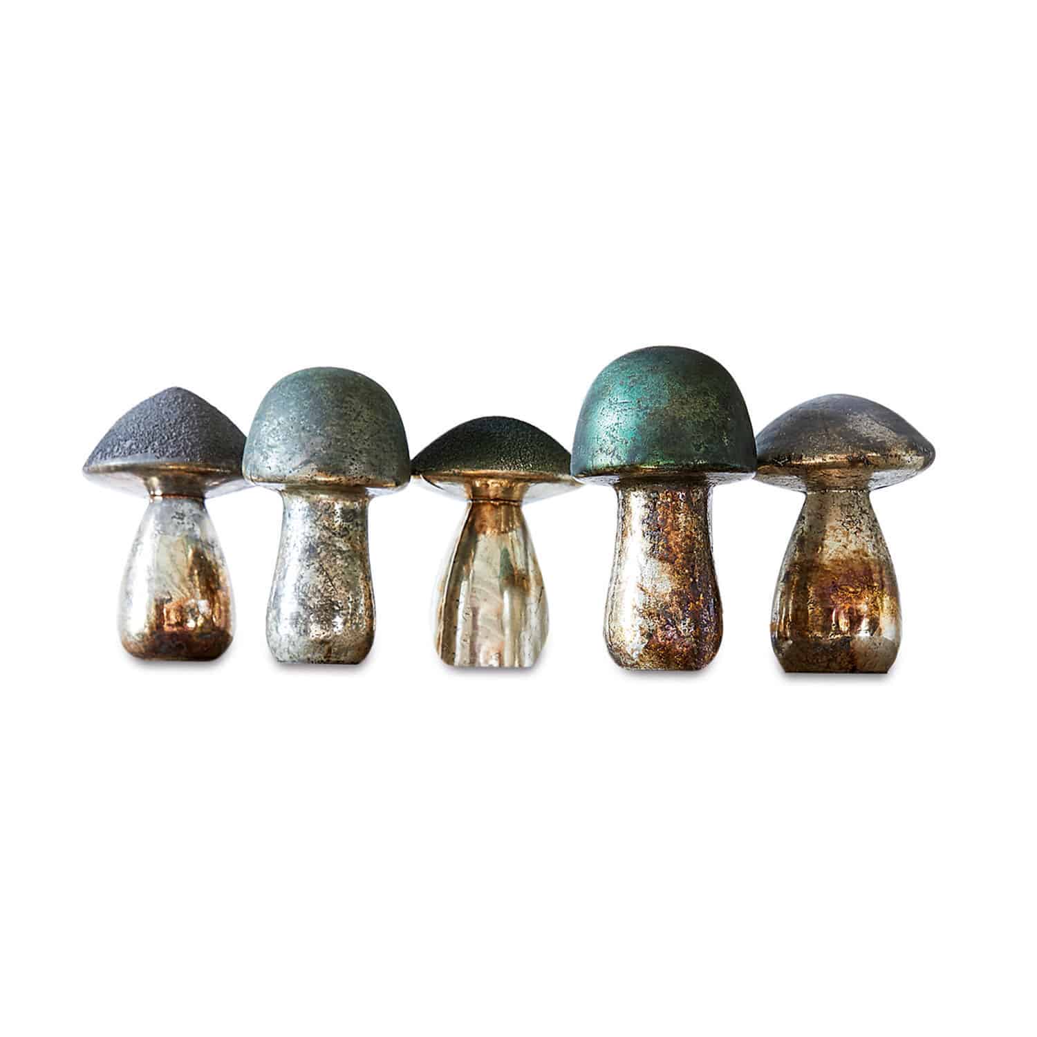 Deko-Pilze 5er Set Grana Dekorative Metallpilze in Silber- und Grüntönen zur Wohn- und Gartendekoration
