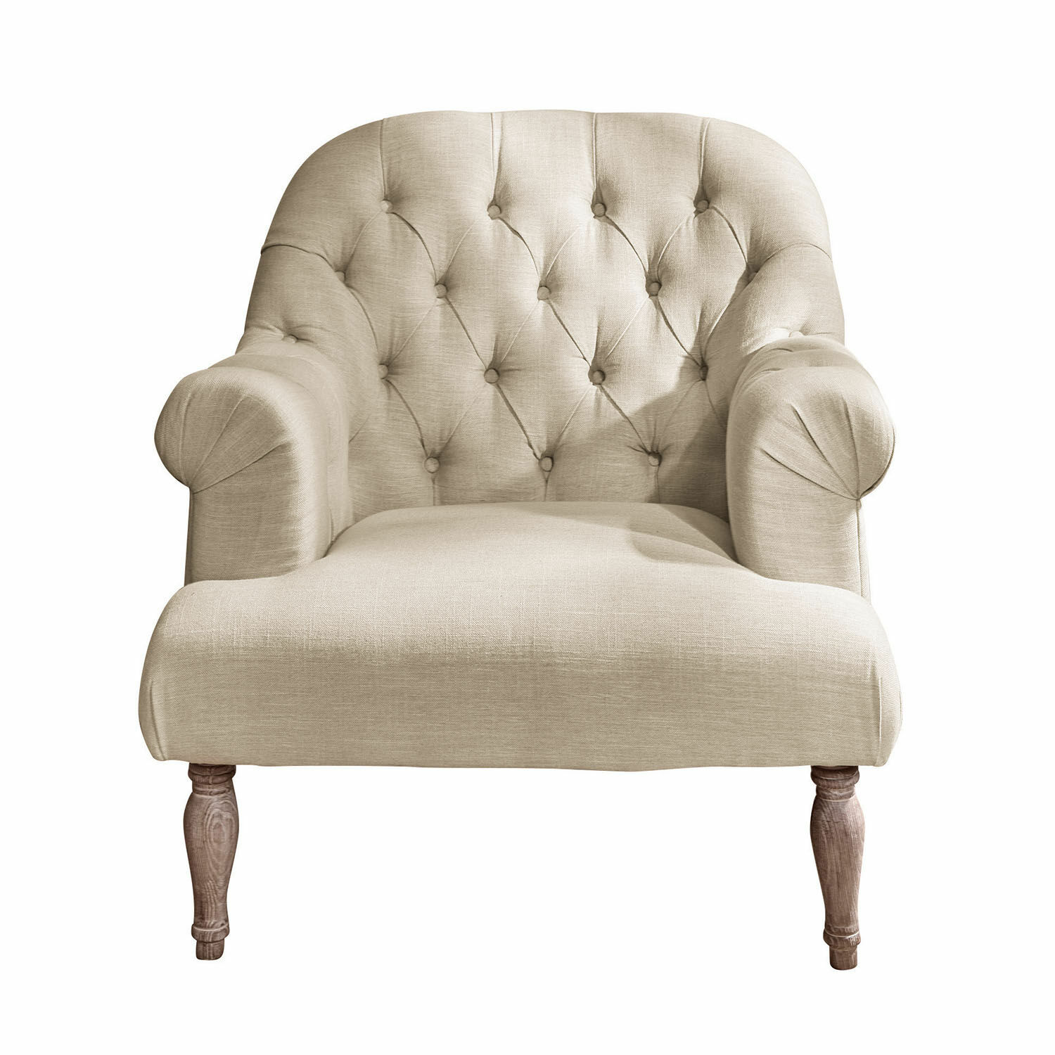 leinen Shambrook Sessel aus beigem Leinen mit gesteppter Rückenlehne und Holzbeinen im Vintage-Stil