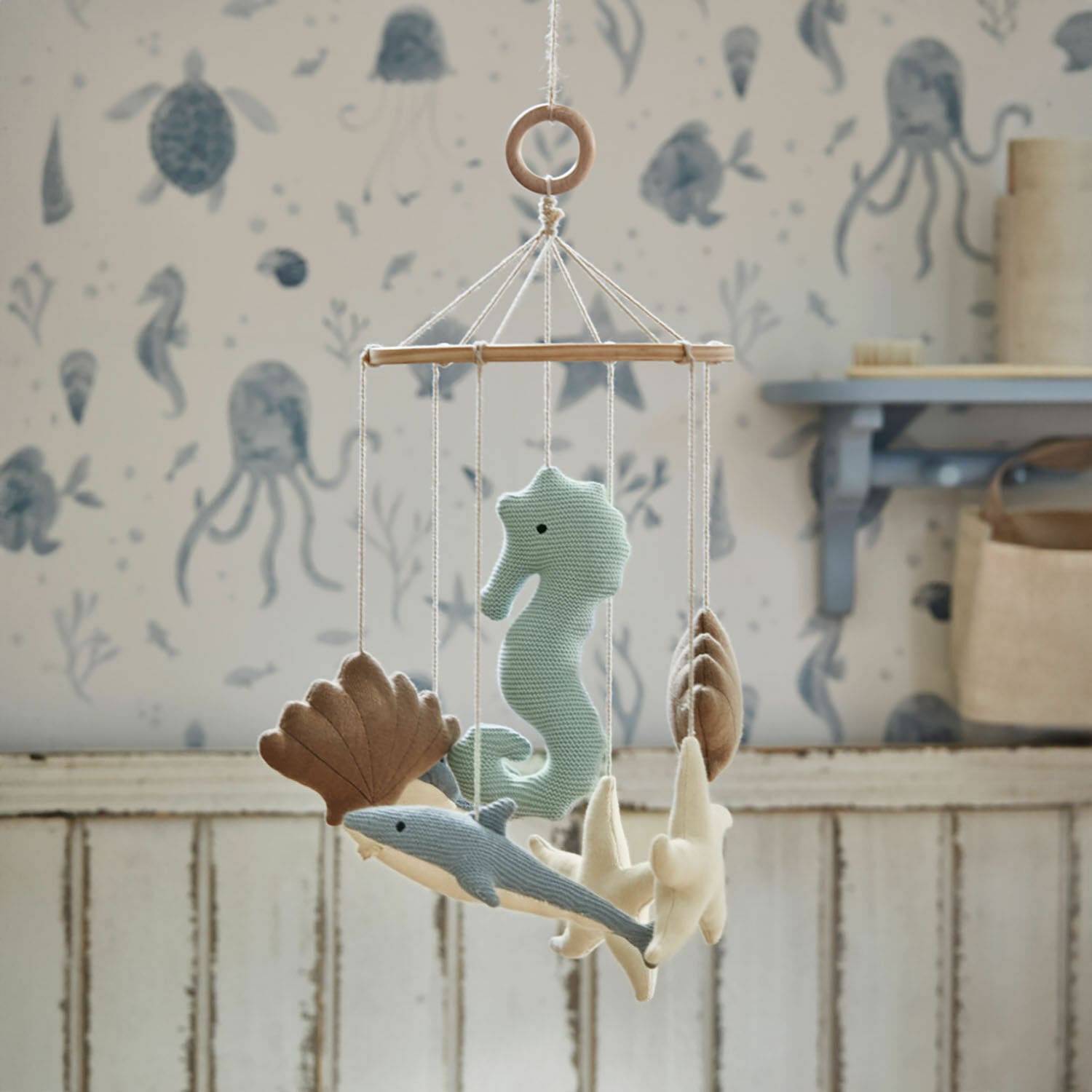 Mobile Twinkledream Holz-Mobile mit weichen Meeresbewohnern in Pastellfarben für Kinderzimmer