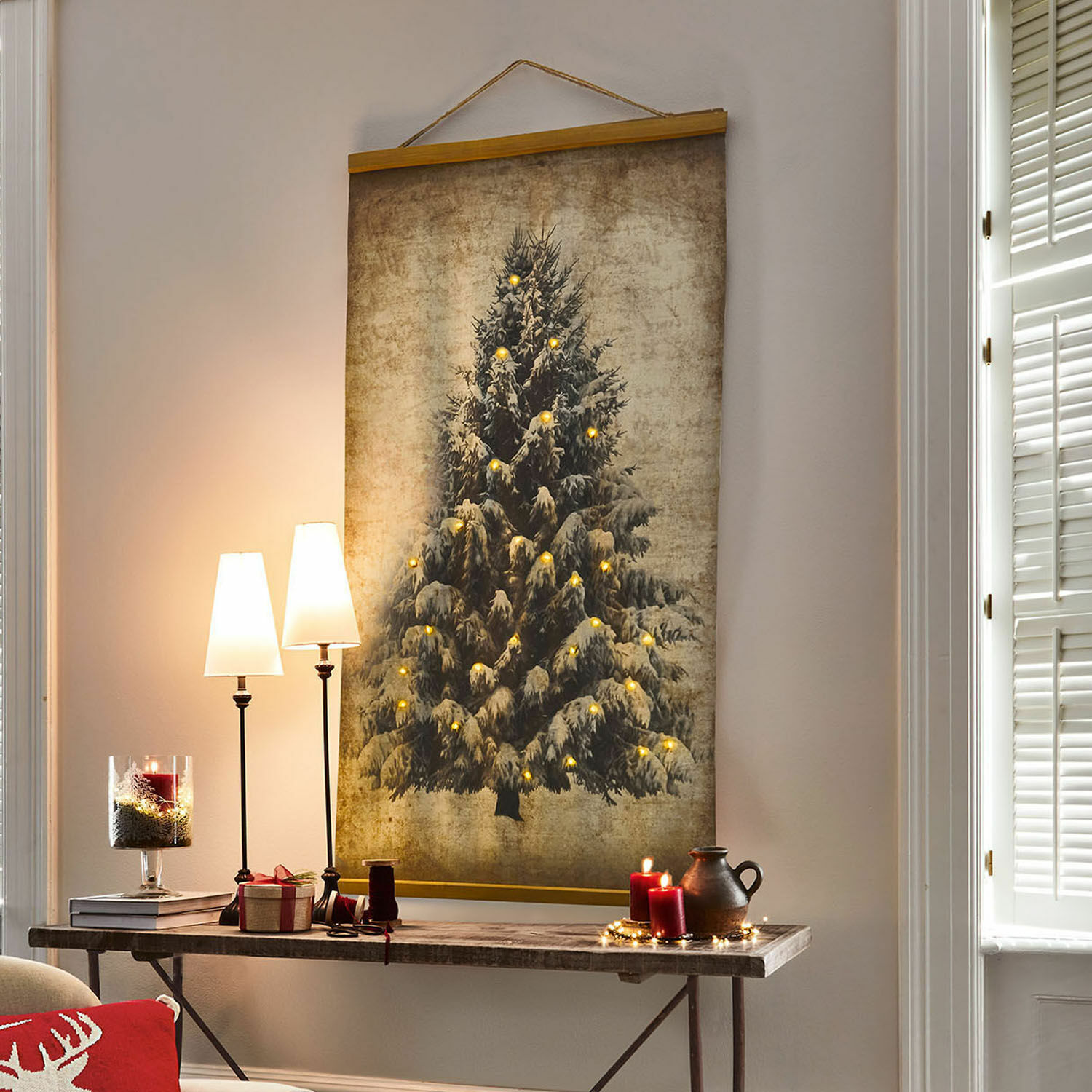Bild mit LED Gussers Dekoratives Wandbild mit Tannenbaum und warmen LED-Lichtern im Vintage-Stil fürs Wohnzimmer