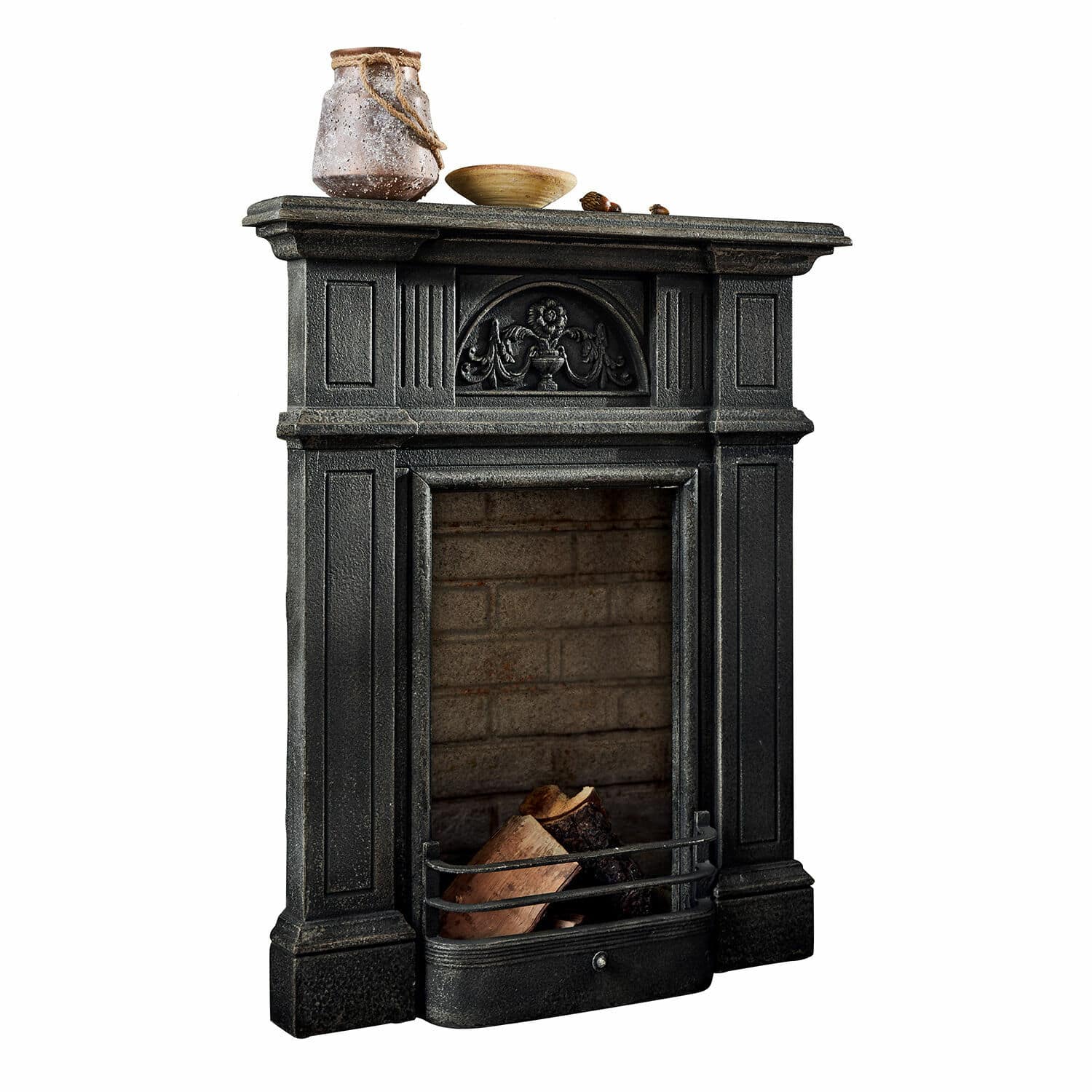 Kaminkonsole Corvelle Schwarzer Kamin mit dekorativem Frontdesign und Holzscheiten, stilvolles Wohnaccessoire